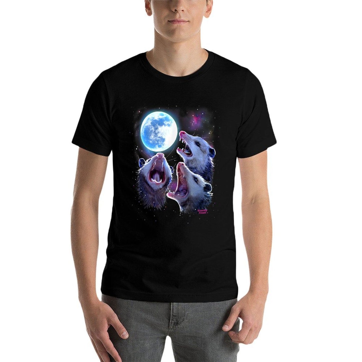 Three Opossums Howling at The Moon Funny Pet Possum Rolled Sleeves T-Shirt