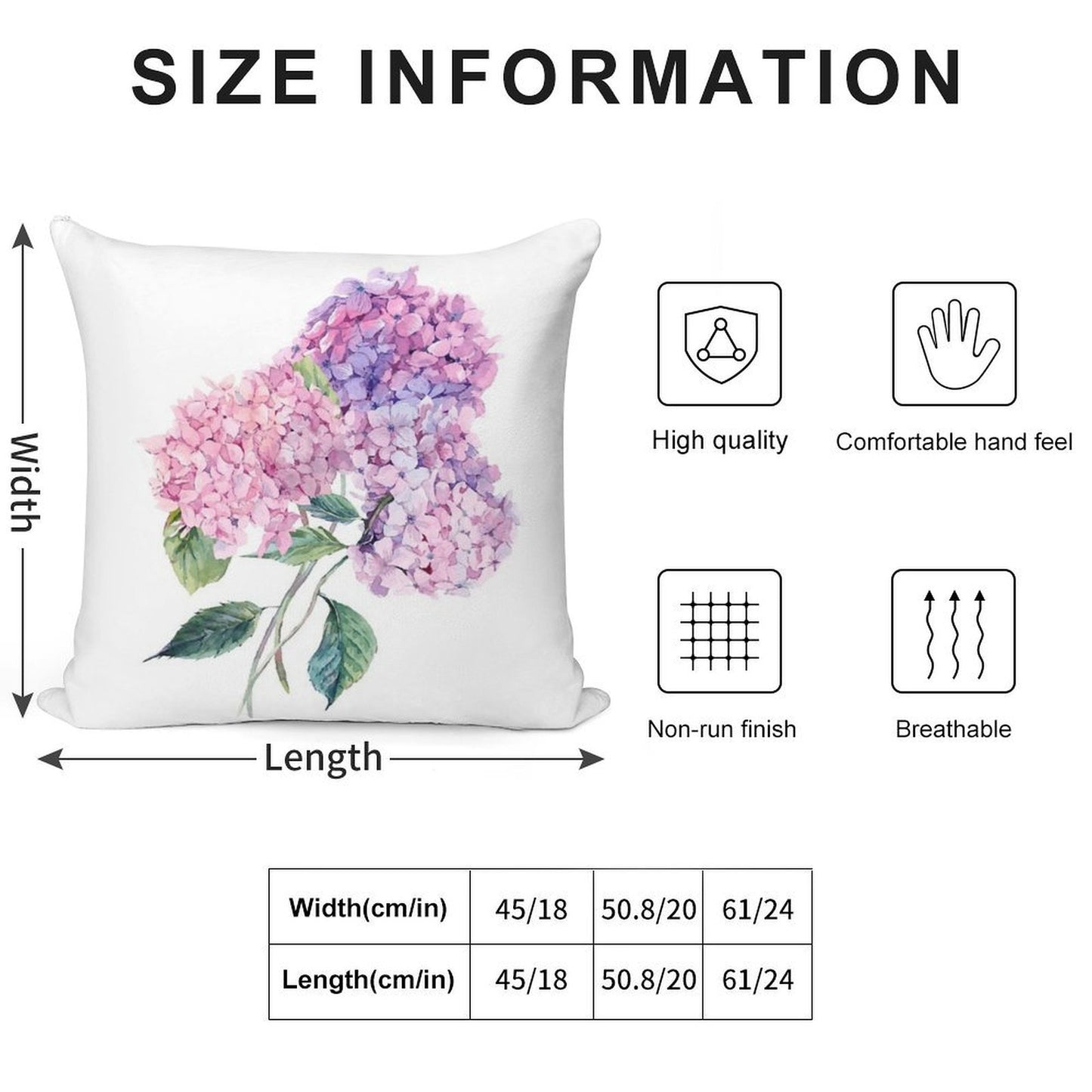 Watercolor Branch of Blooming Hydrangeas Soft Reinforced Edging Throw Pillow