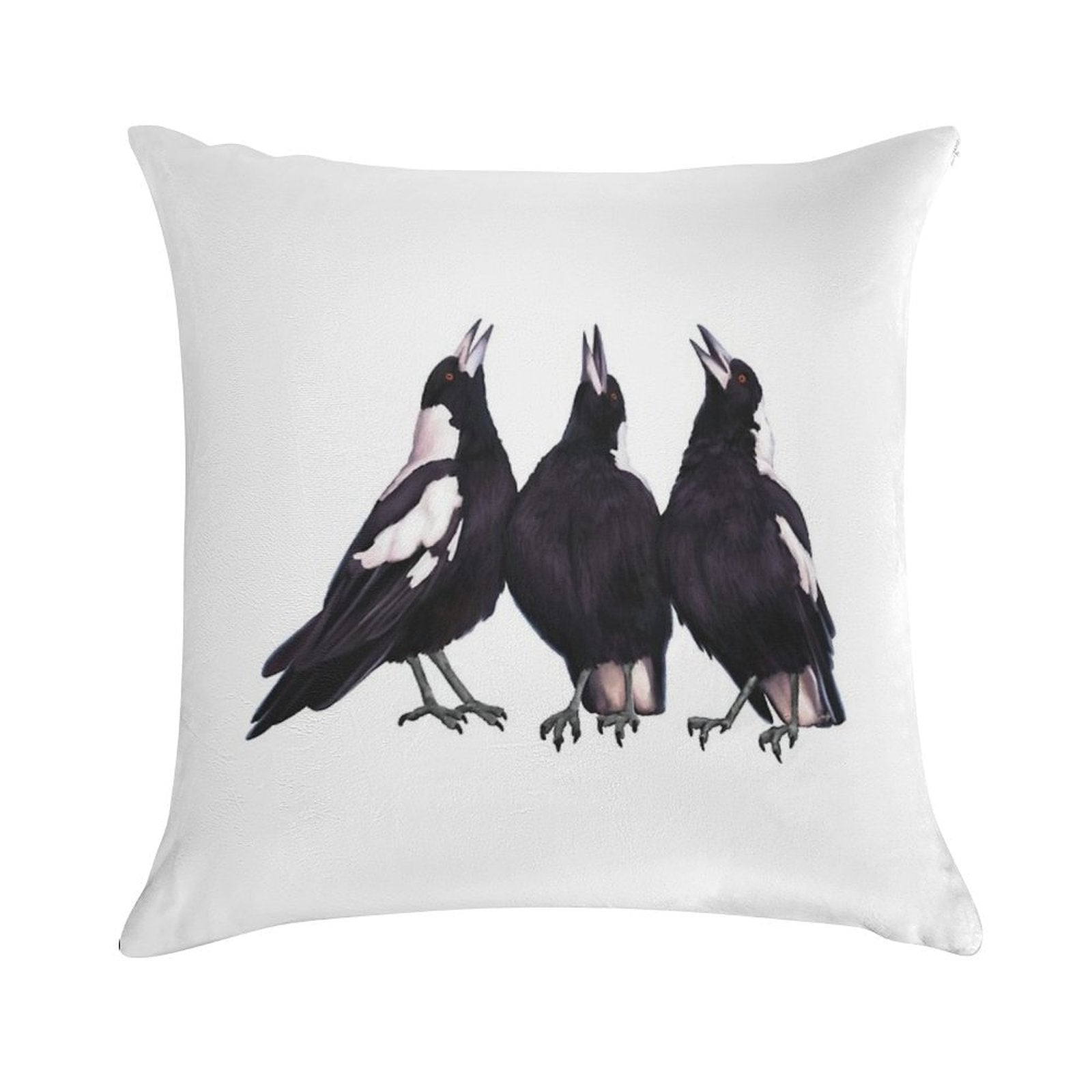 Trio of Warbling Magpies. Australian Theme Decor, Original Artwork. Unique Gift. Soft Luxury Feel Throw Pillow