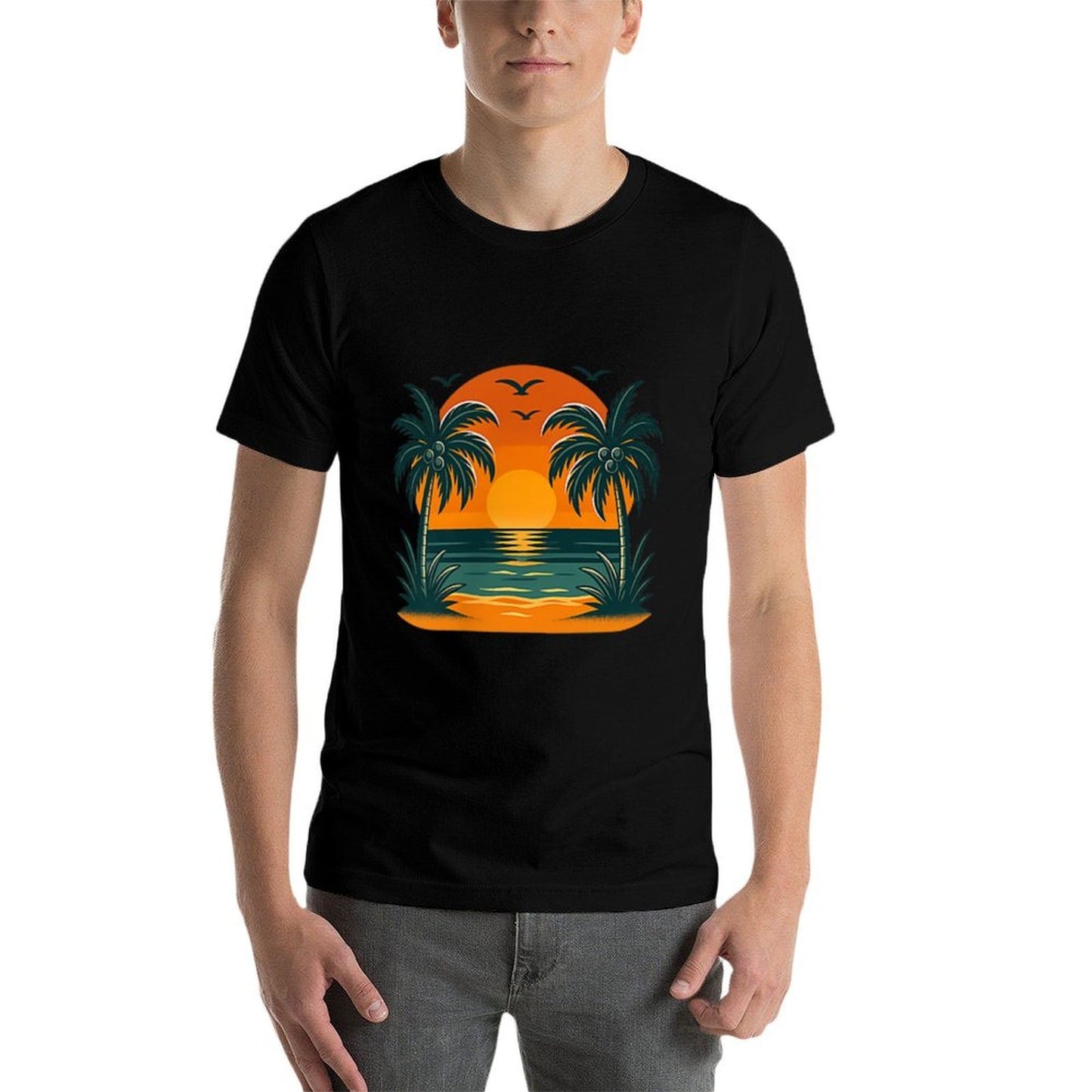 Vintage Tropical Summer Retro Sunset Palm Tree Ocean Travel Lightweight T-Shirt