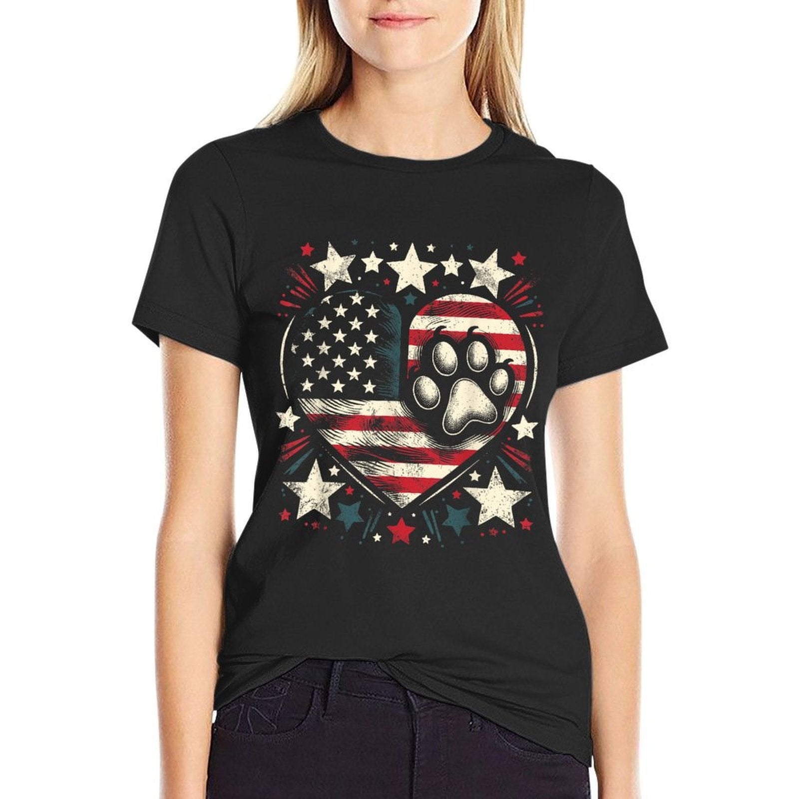 American Patriotic Dog And Cat Paw 4th Of July  Moisture-wicking T-Shirt