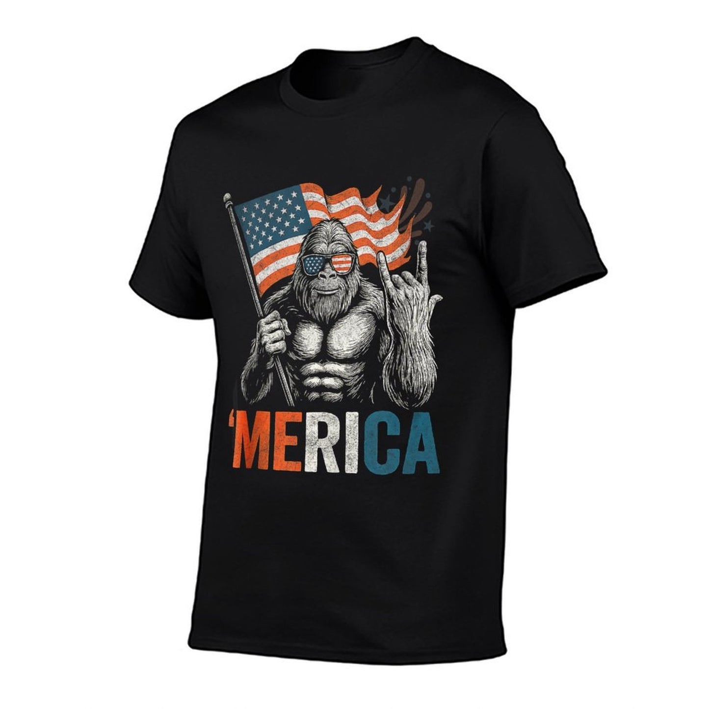 Vintage Bigfoot Merica Rock Usa Patriotic 4th of July Ribbed Collar T-Shirt