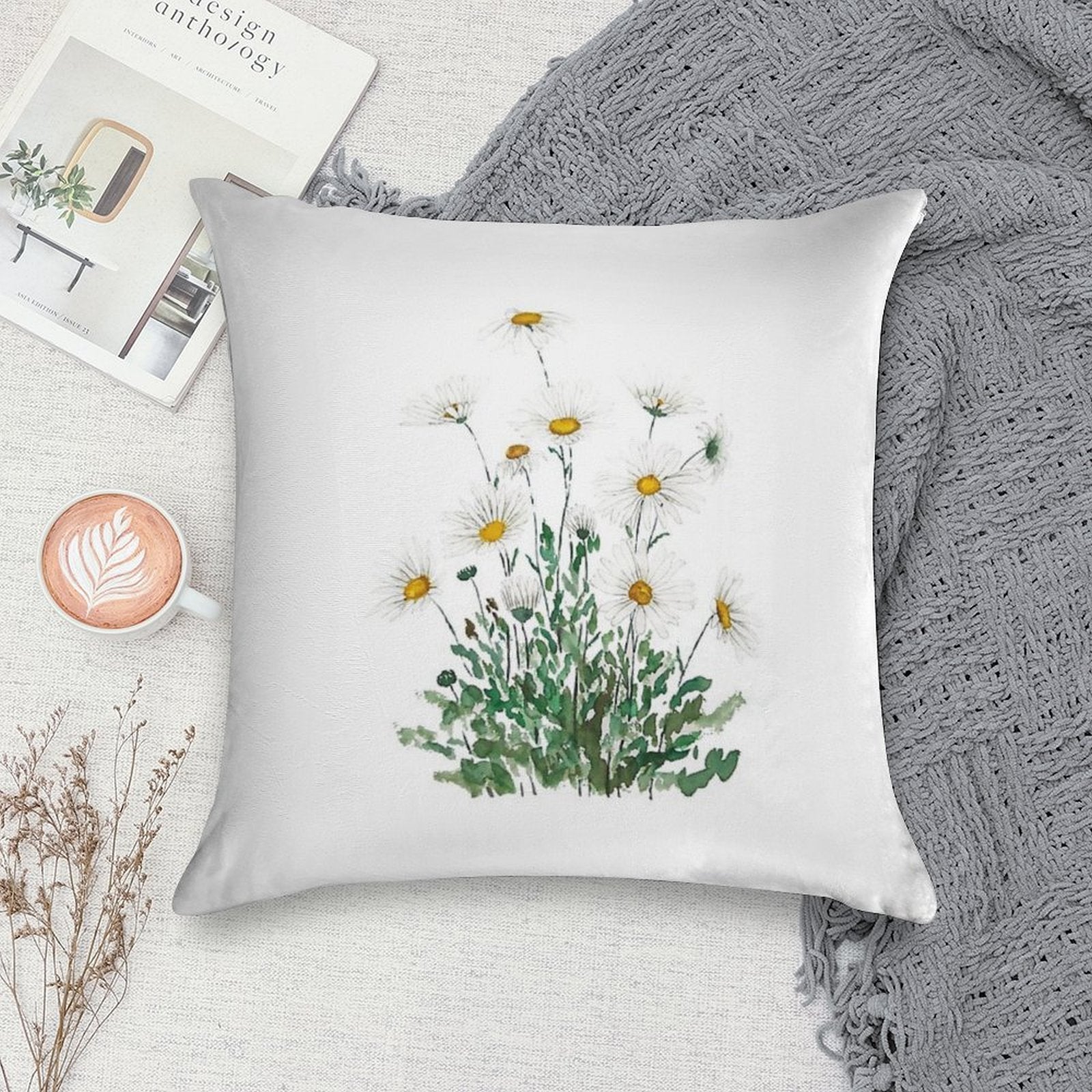 Hand Painted White Margaret Daisy Watercolor Soft Washable Throw Pillow