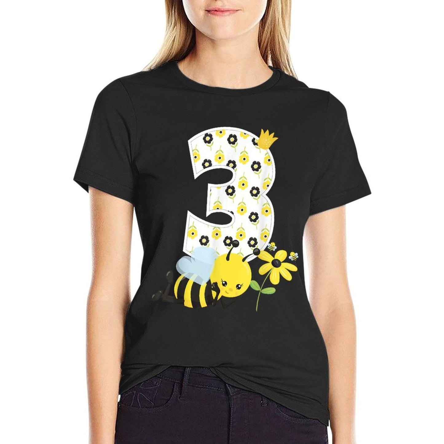 3rd Birthday Girl Bee Theme Bday 3 Year Old Matching Part Heathered Texture T-Shirt