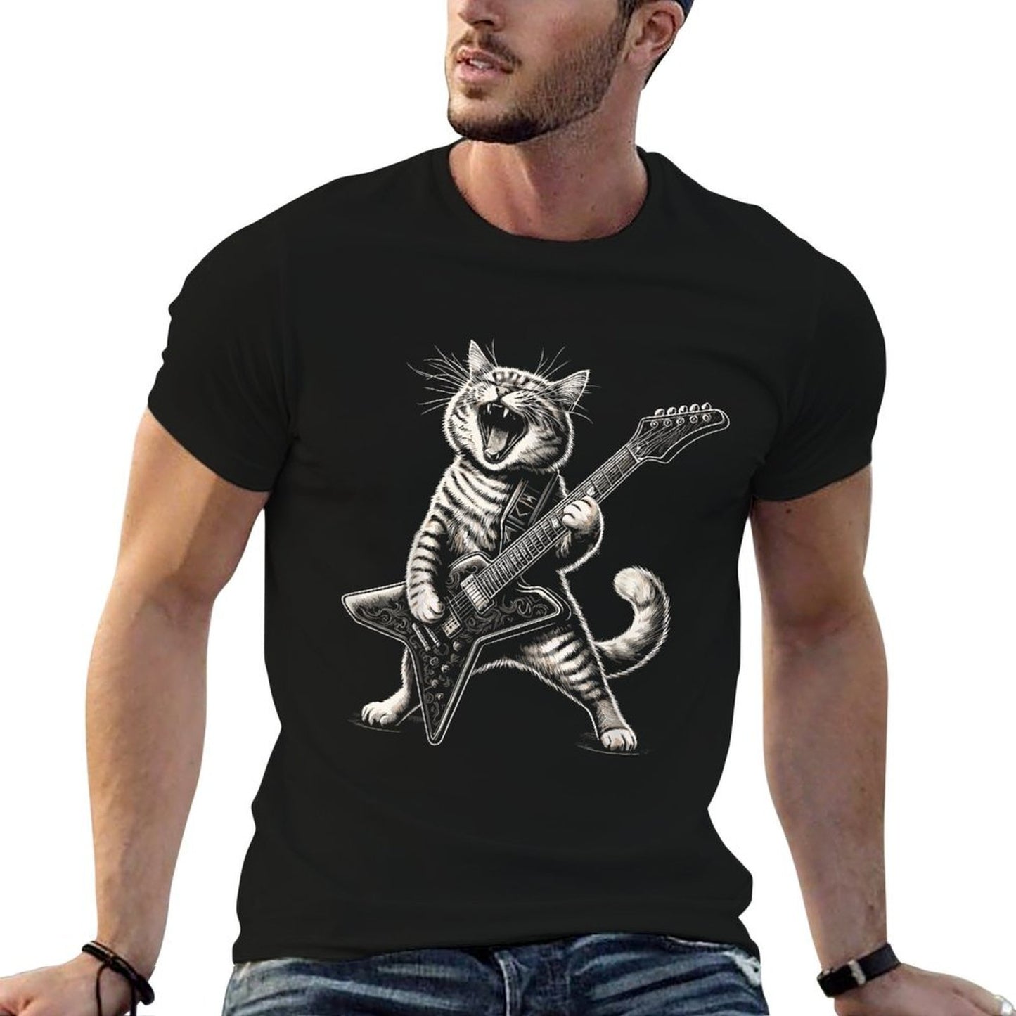 Rock And Roll Cat Playing Guitar Funny Guitar Cat Fade-proof Color T-Shirt