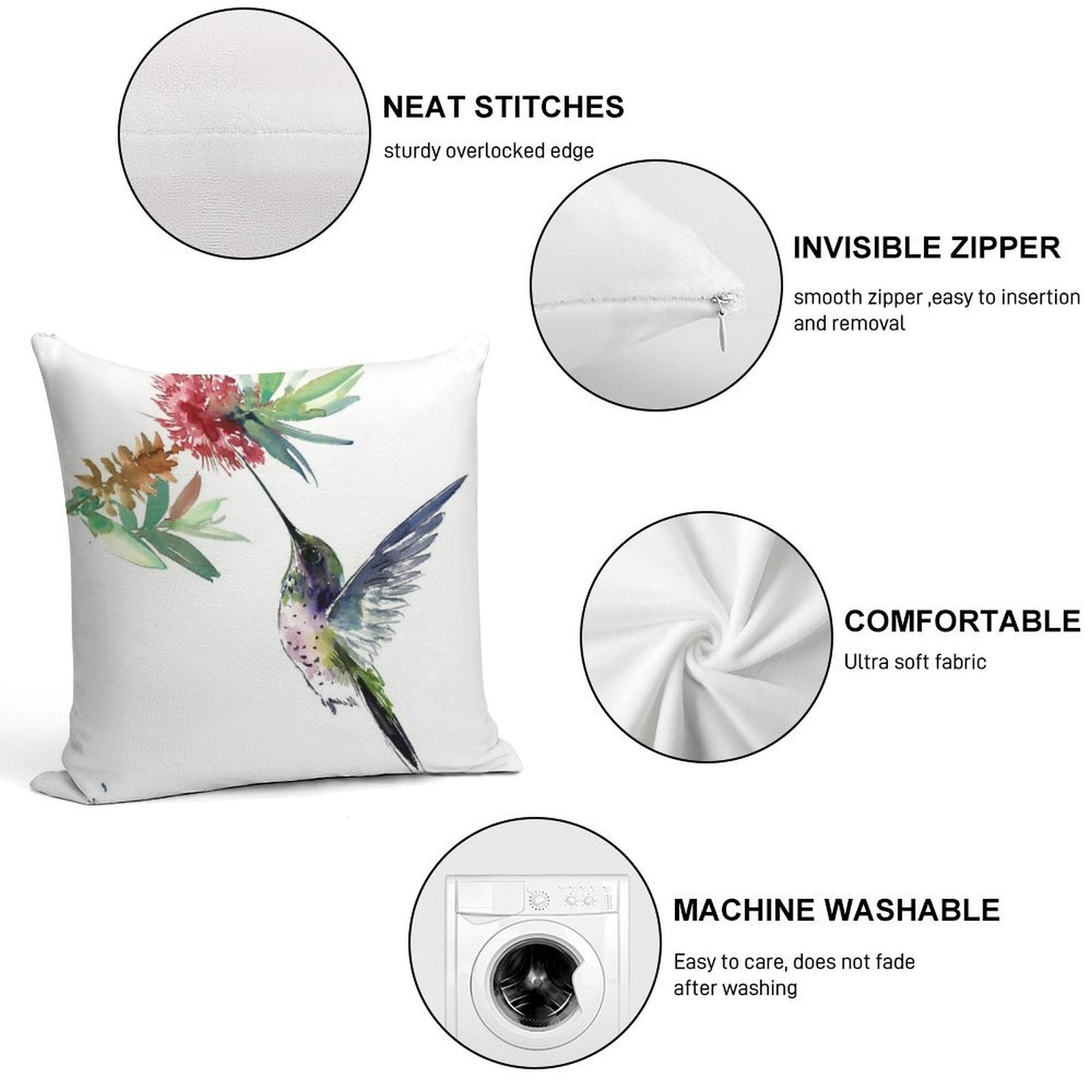 Hummingbird And Flower Soft Fade-Resistant Throw Pillow