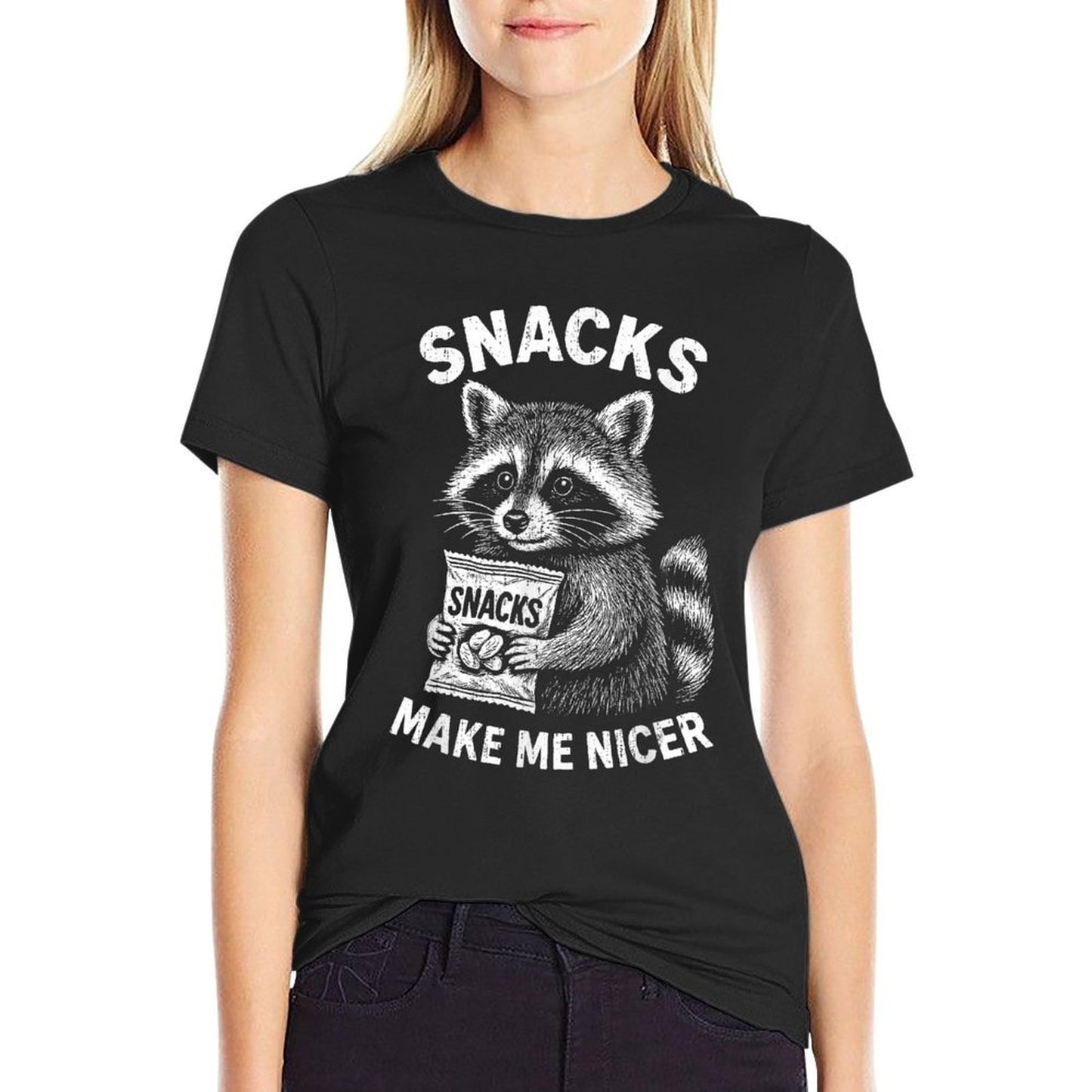 Snacks Make Me Nicer Raccoon Animal Funny Saying Humor Meme Polyester Blend T-Shirt