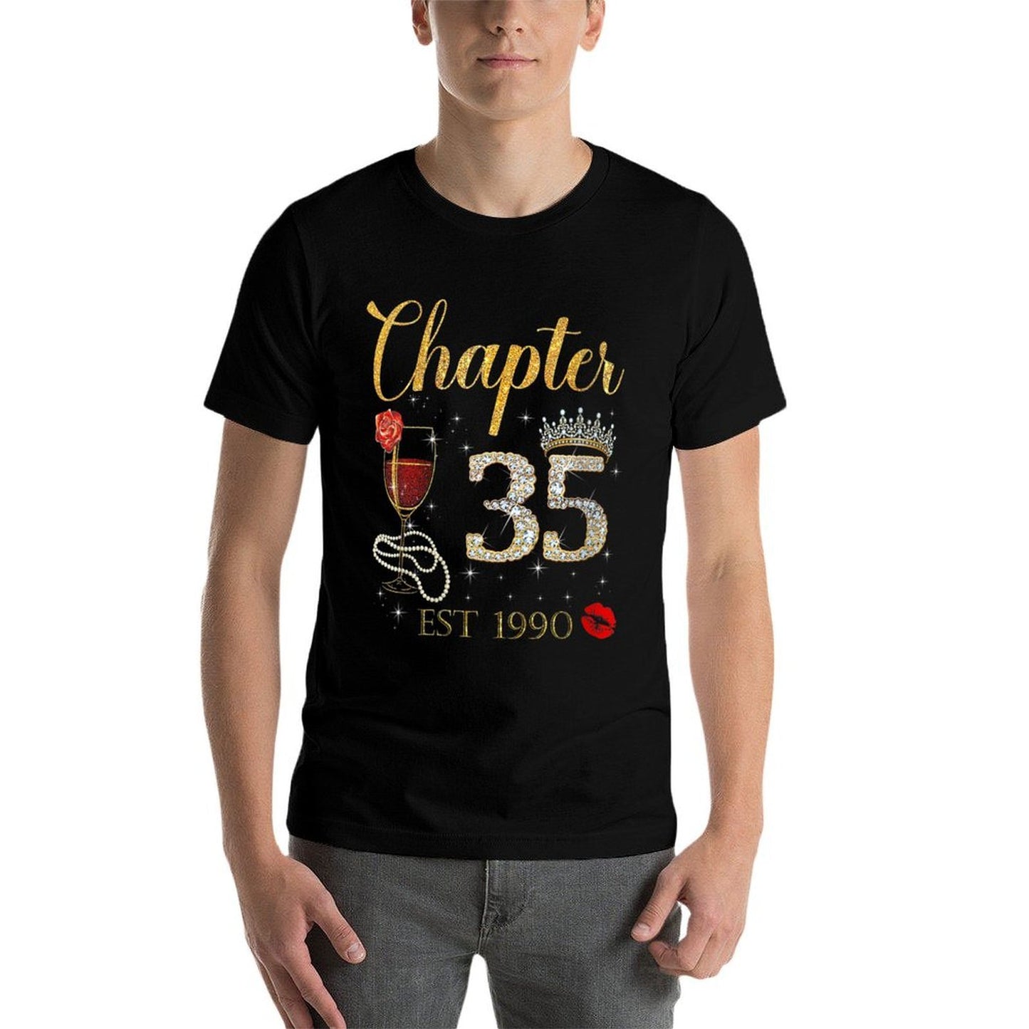 Womens Chapter 35 Est 1990 Happy Birthday 35th Rose Red Wine High-quality Stitching T-Shirt