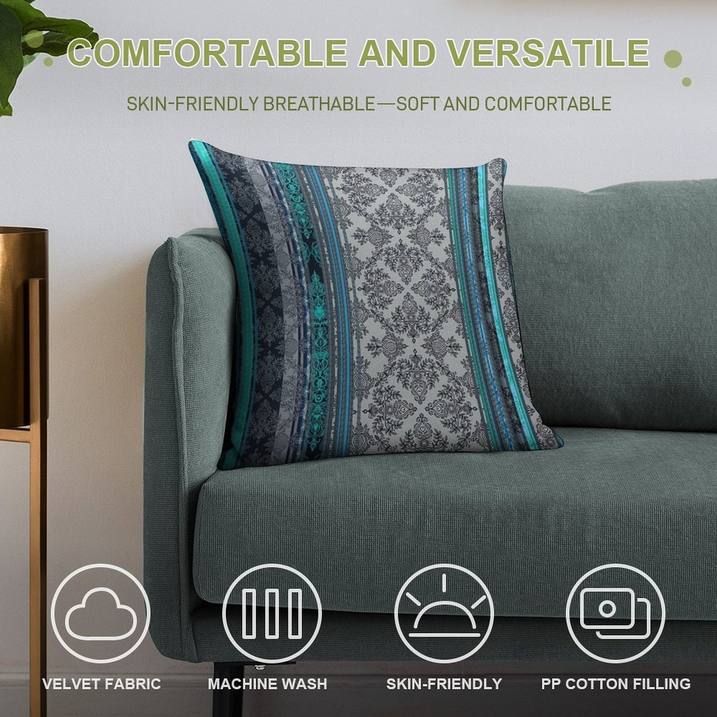 Teal, Aqua & Grey Vintage Bohemian Wallpaper Soft Skin-Friendly Throw Pillow