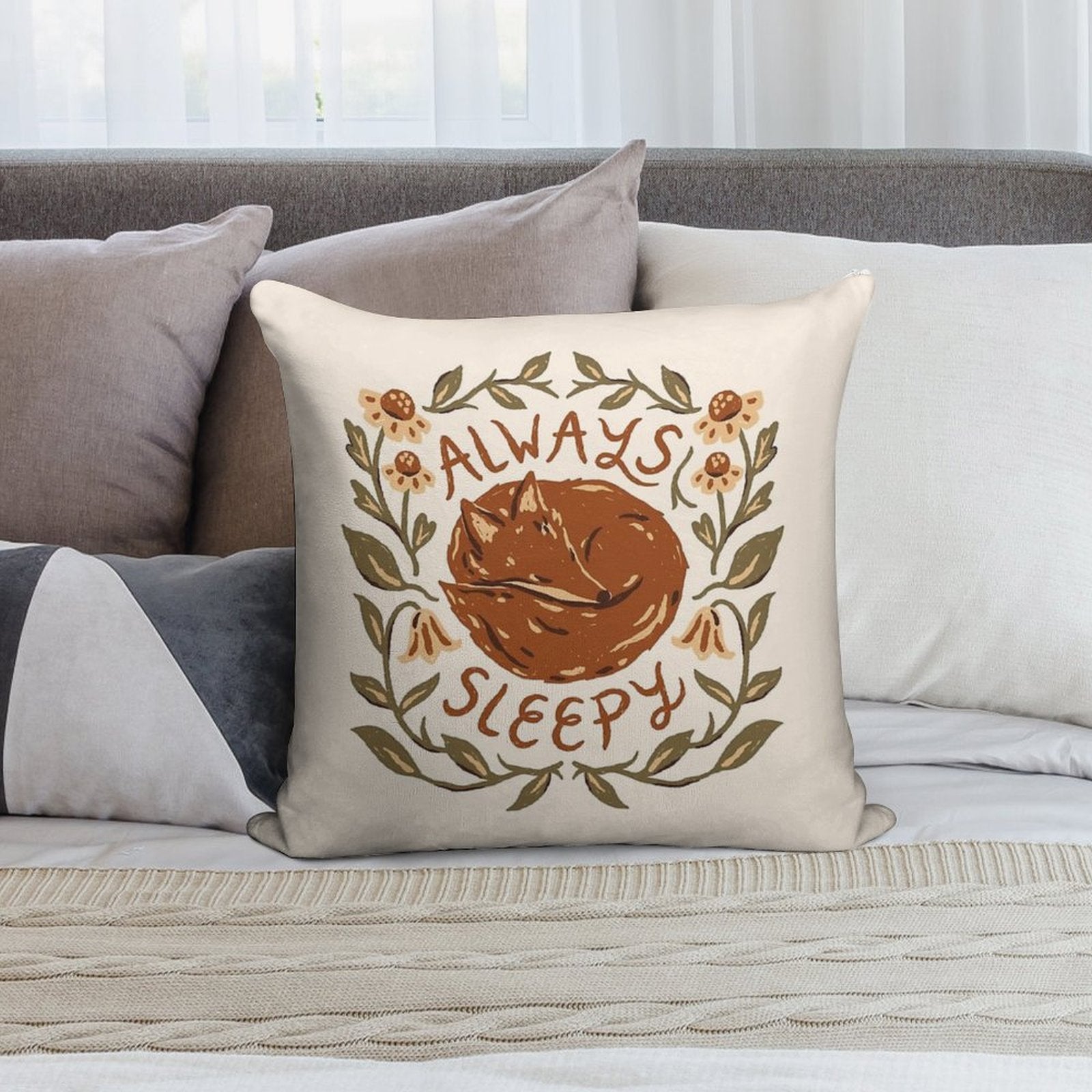 Always Sleepy Fox Soft Short Plush Fabric Throw Pillow