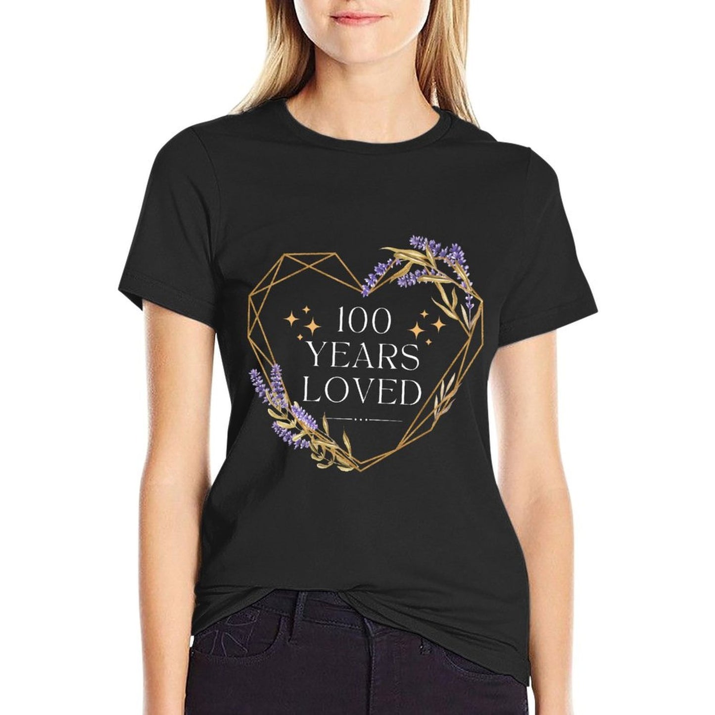 100 Years Loved Cool Flower Heart Frame 100th Birthday HBD Graphic-printed T-Shirt