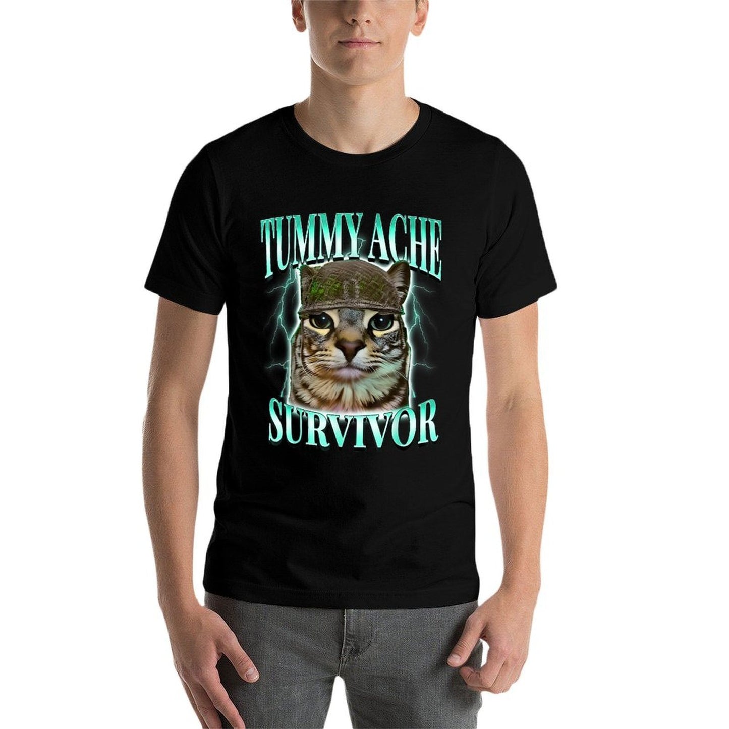 Tummy Ache Survivor Cat Meme Funny Saying Cats Animals for Men Women Comfortable T-Shirt