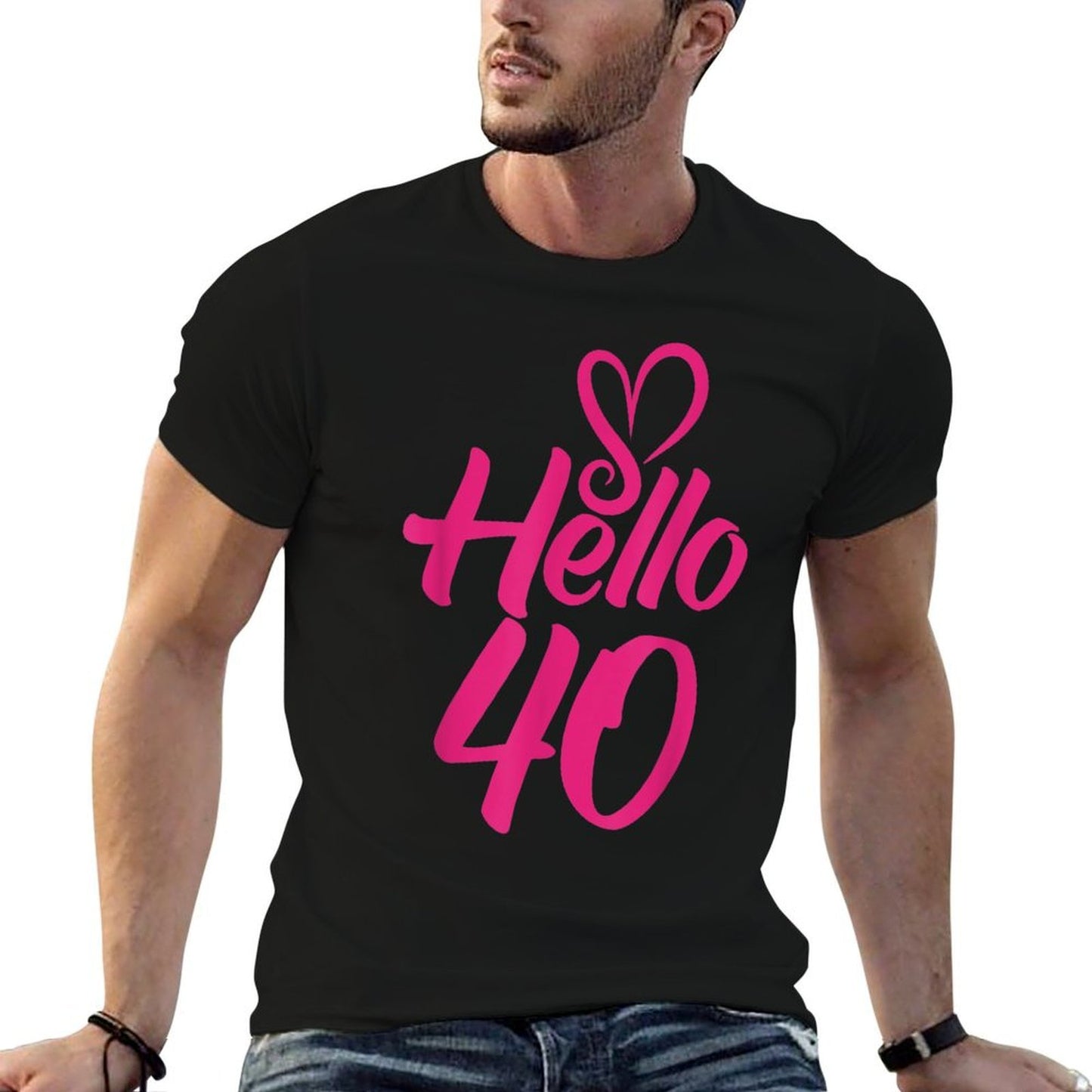 40th Birthday Tshirt Hello Forty 40th Big Pink Heart  Summer-ready Fabric T-Shirt