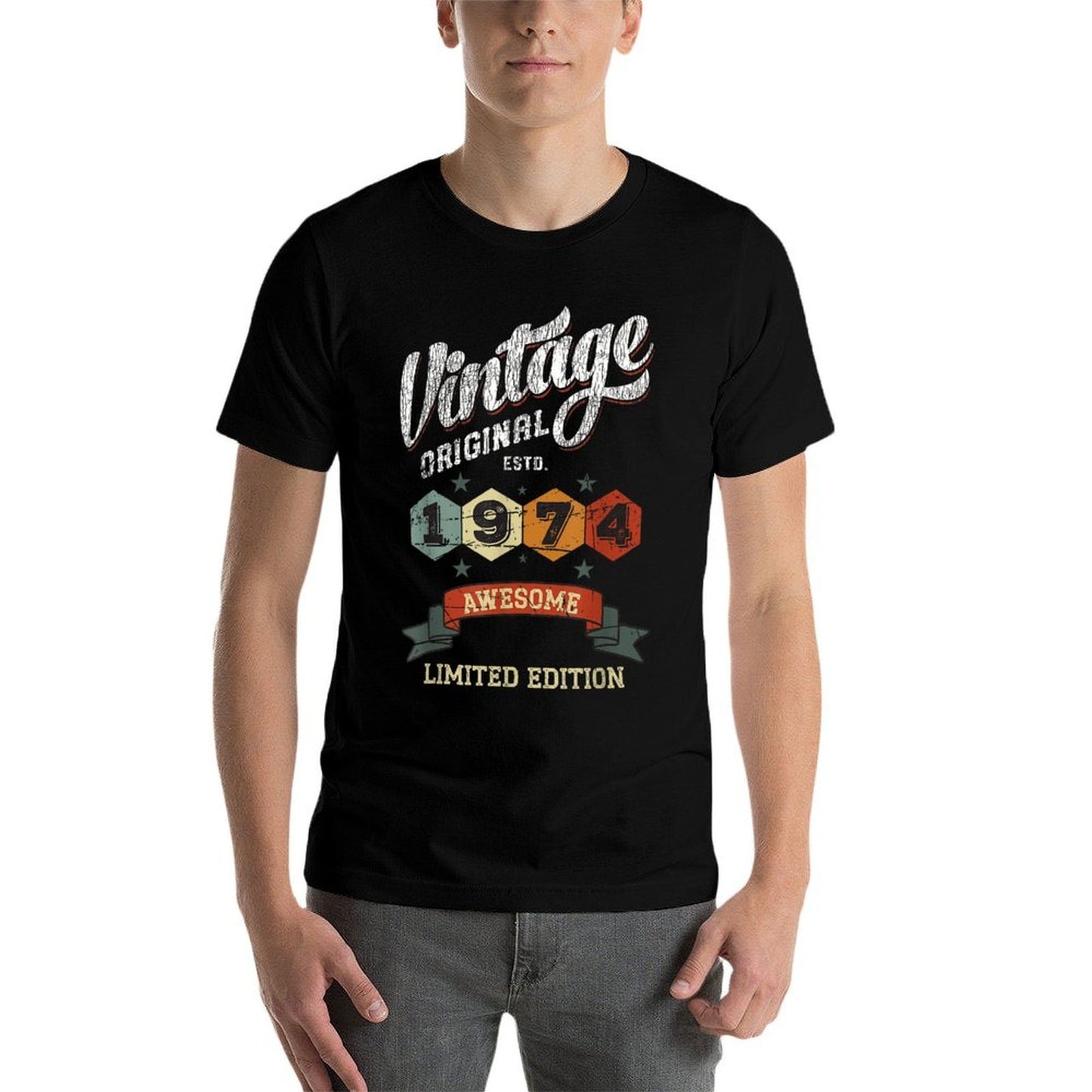 Vintage 50 Year Old Bday Original 1974 Awesome 50th Birthday Ribbed Collar T-Shirt
