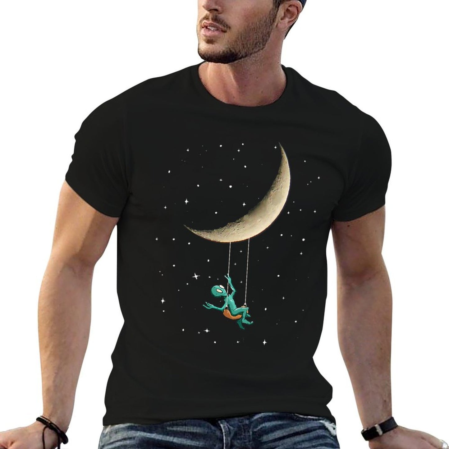 Womens Funny Alien in Space Swinging From The Moon Ribbed Collar T-Shirt
