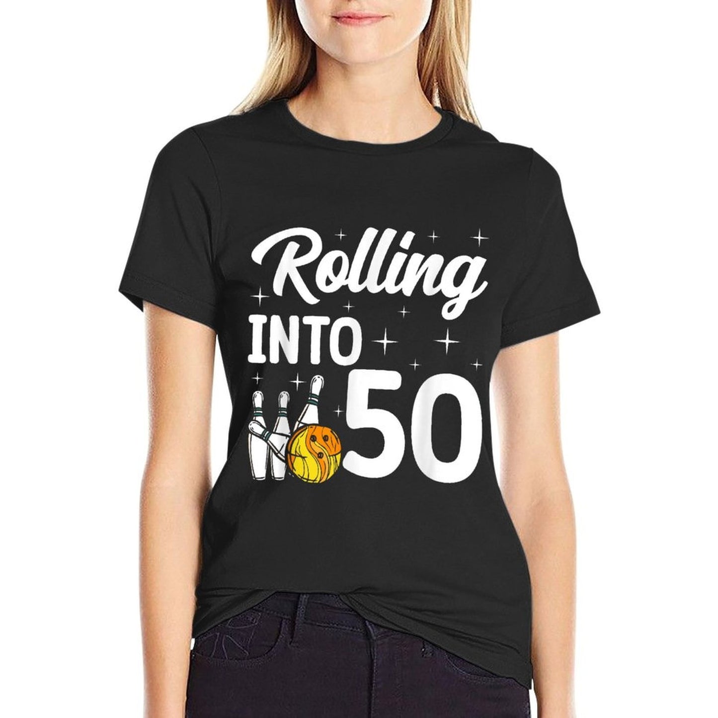 Rolling Into 50 Bowling 50th Birthday Ribbed Collar T-Shirt