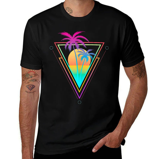 Retro 1980s 1990s Vaporwave Palm Trees Sunset Beach Surf Art  Stretchy T-Shirt