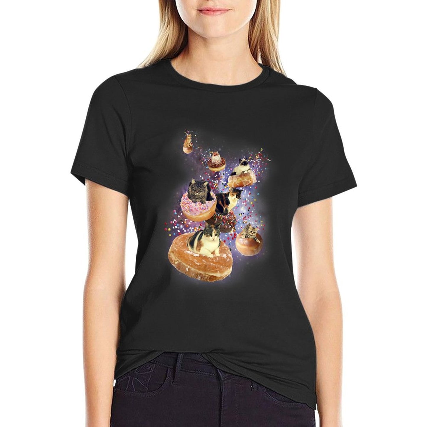 Trendy Cats Flying On Donuts In Space Trendy Pattern T-Shirt