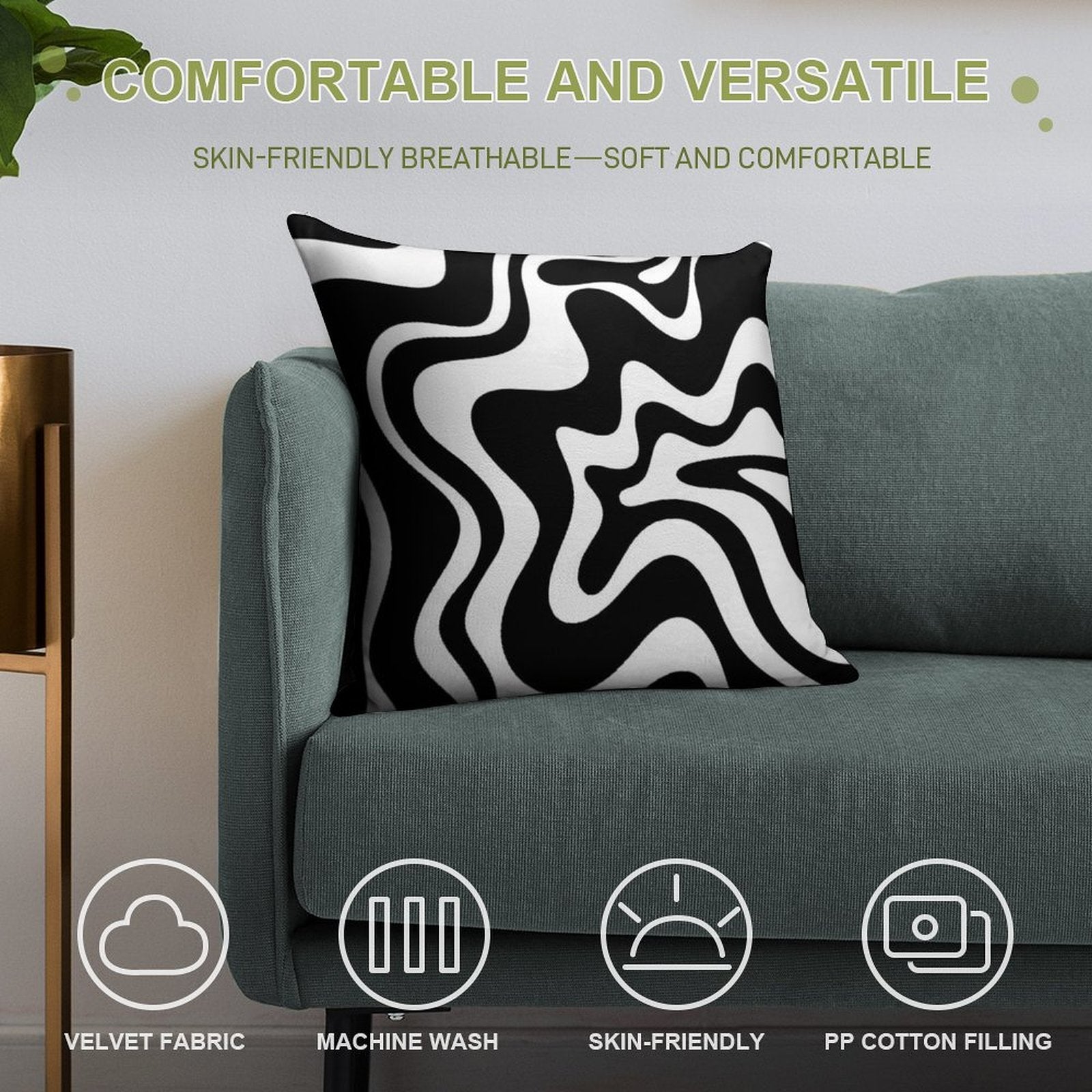 Liquid Swirl Retro Abstract Pattern in Black And White Soft Durable Construction Throw Pillow