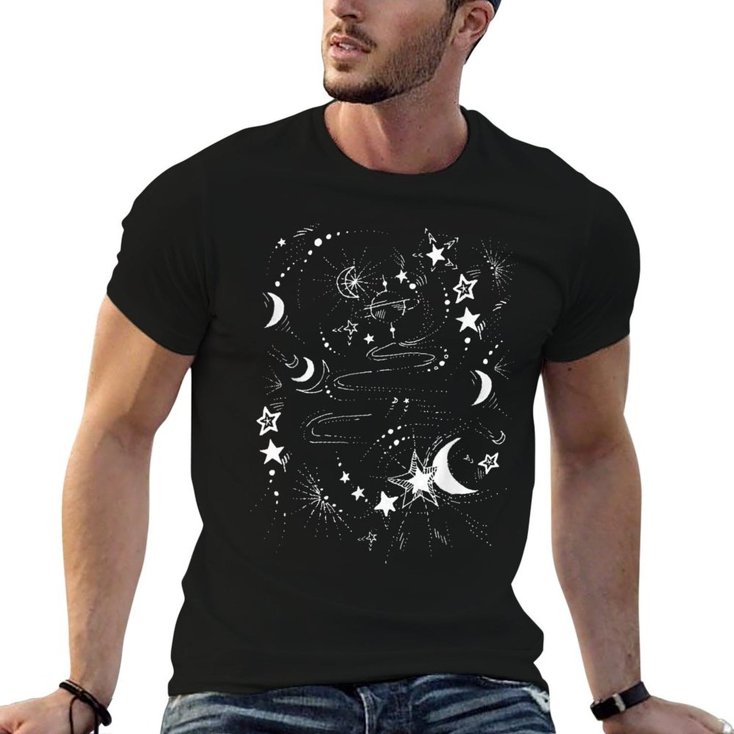Starry Universe Illustration Moon Stars Celestial Night Sky Rolled Sleeves T-Shirt