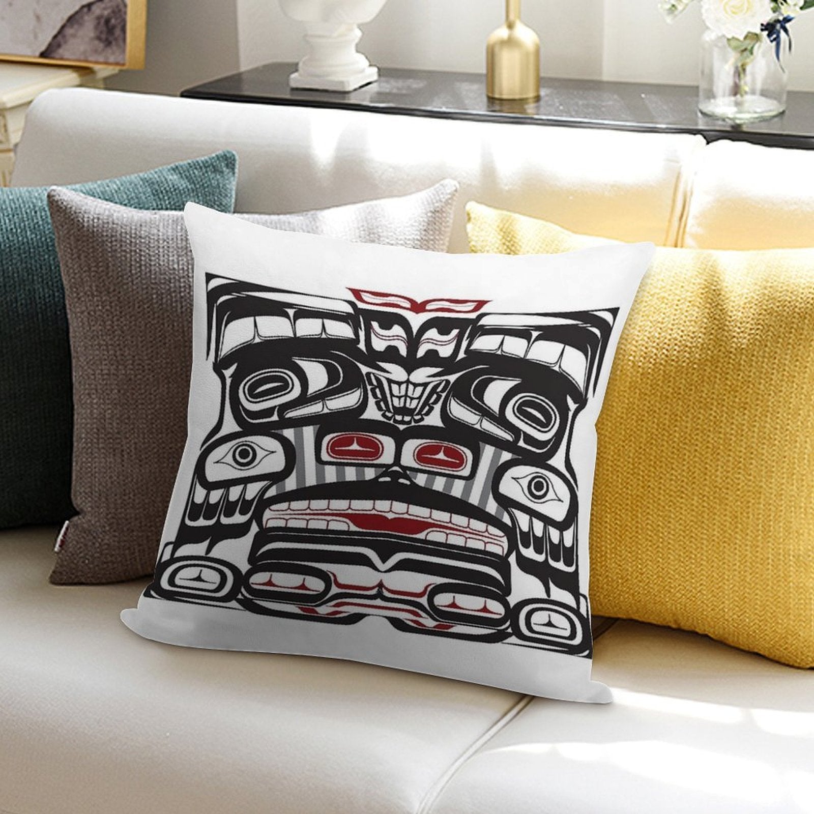 Thunderbird Bear Orca Totem Pole, Coastal Salish Haida Pacific North West Formline Design Native American Soft Fade-Resistant Throw Pillow