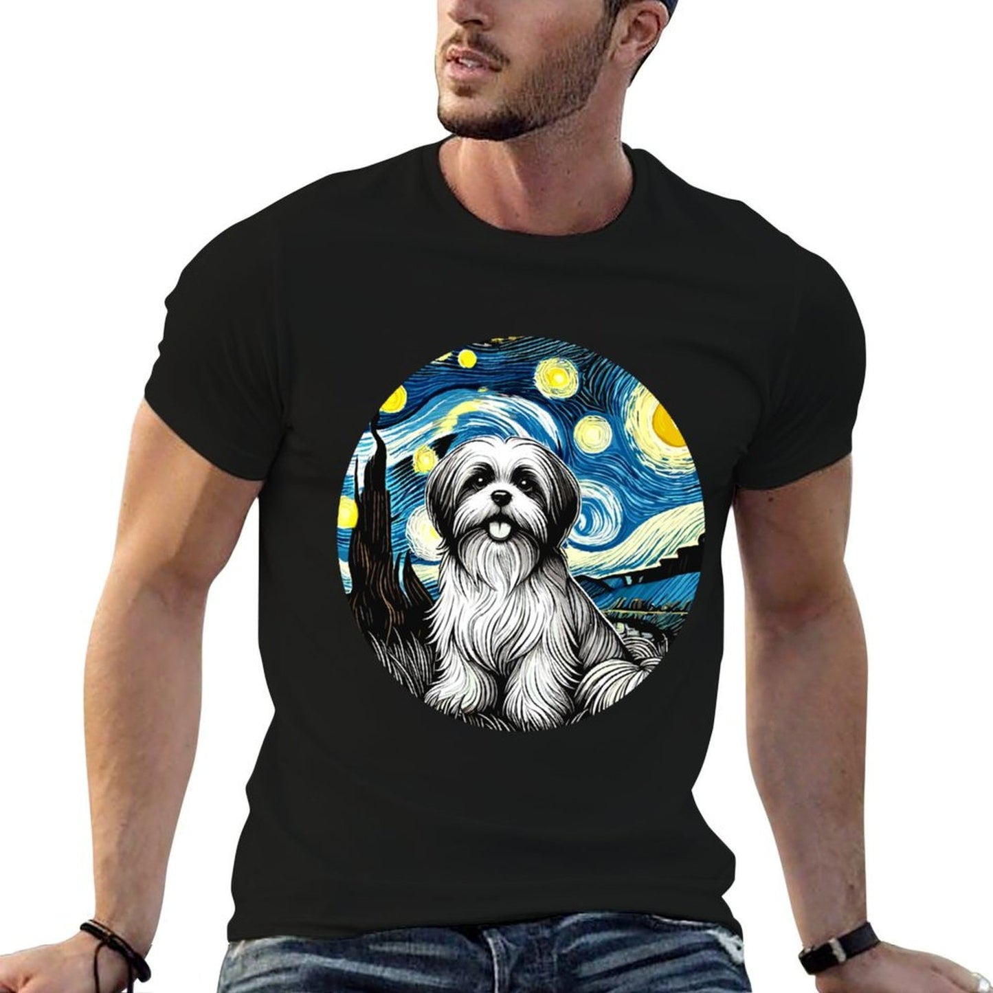 Shih Tzu Dog Mom Dad Cute - Van Gogh Starry Night Style Polyester Blend T-Shirt