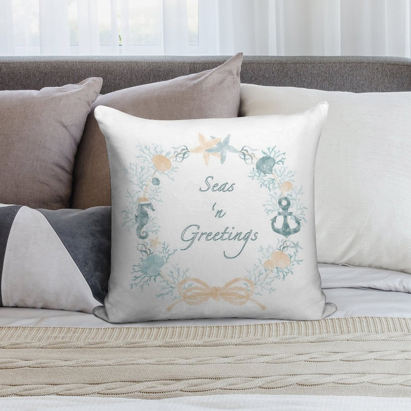 Seas 'n Greetings Coastal Christmas Wreath Soft Shrink-Resistant Throw Pillow