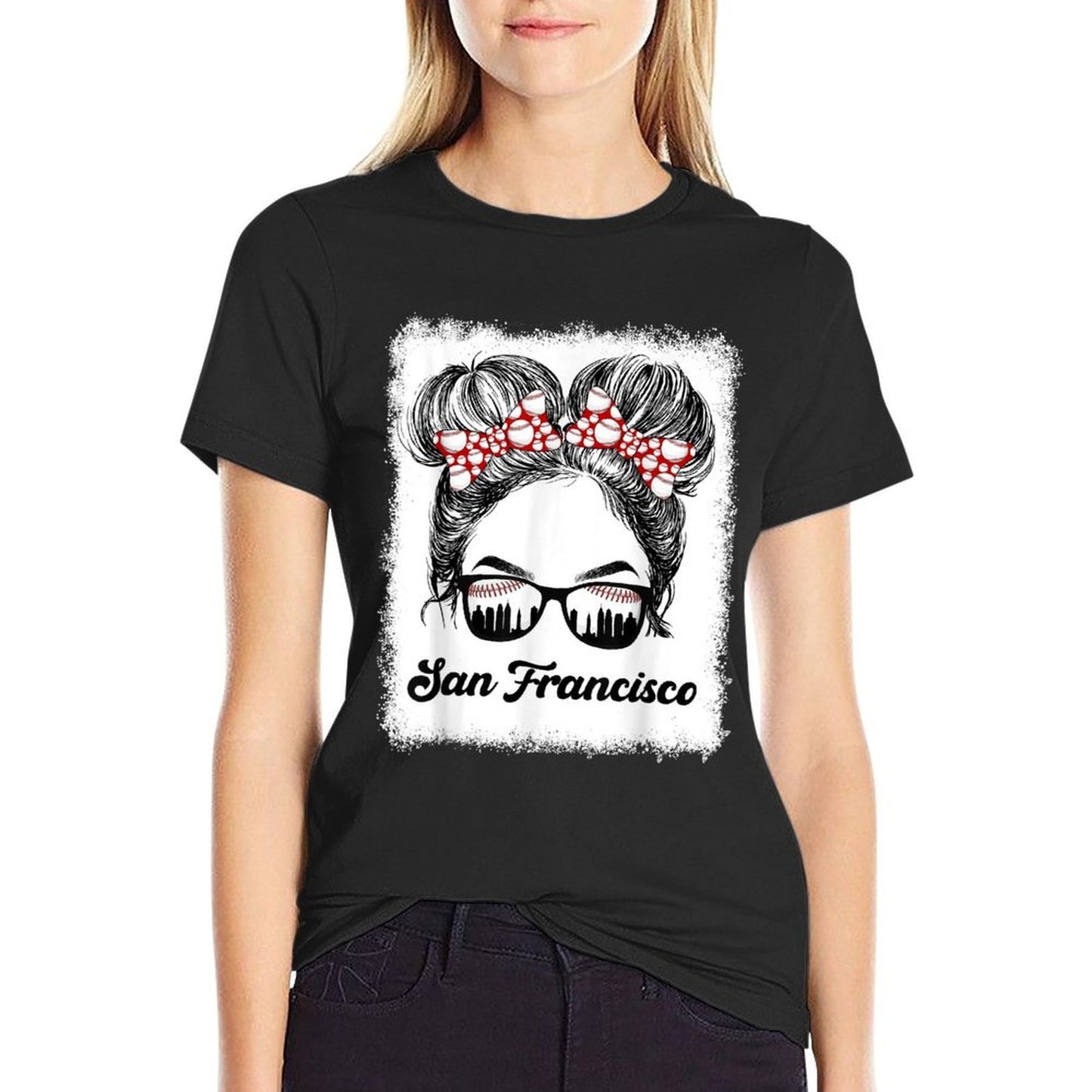 San Francisco Retro Baseball Messy Bun Girl Met At Game Day Stretchy T-Shirt