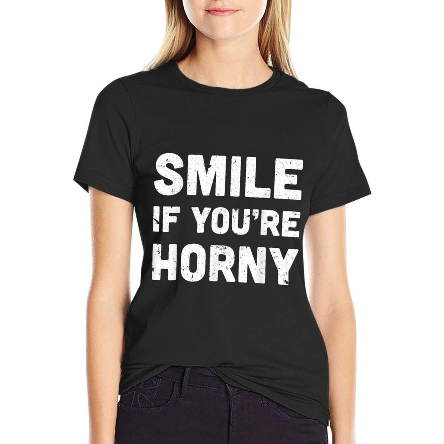 Smile If Youre Horny Funny Adult Gag Gift Rolled Sleeves T-Shirt