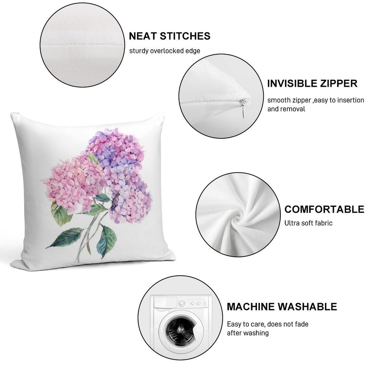 Watercolor Branch of Blooming Hydrangeas Soft Reinforced Edging Throw Pillow