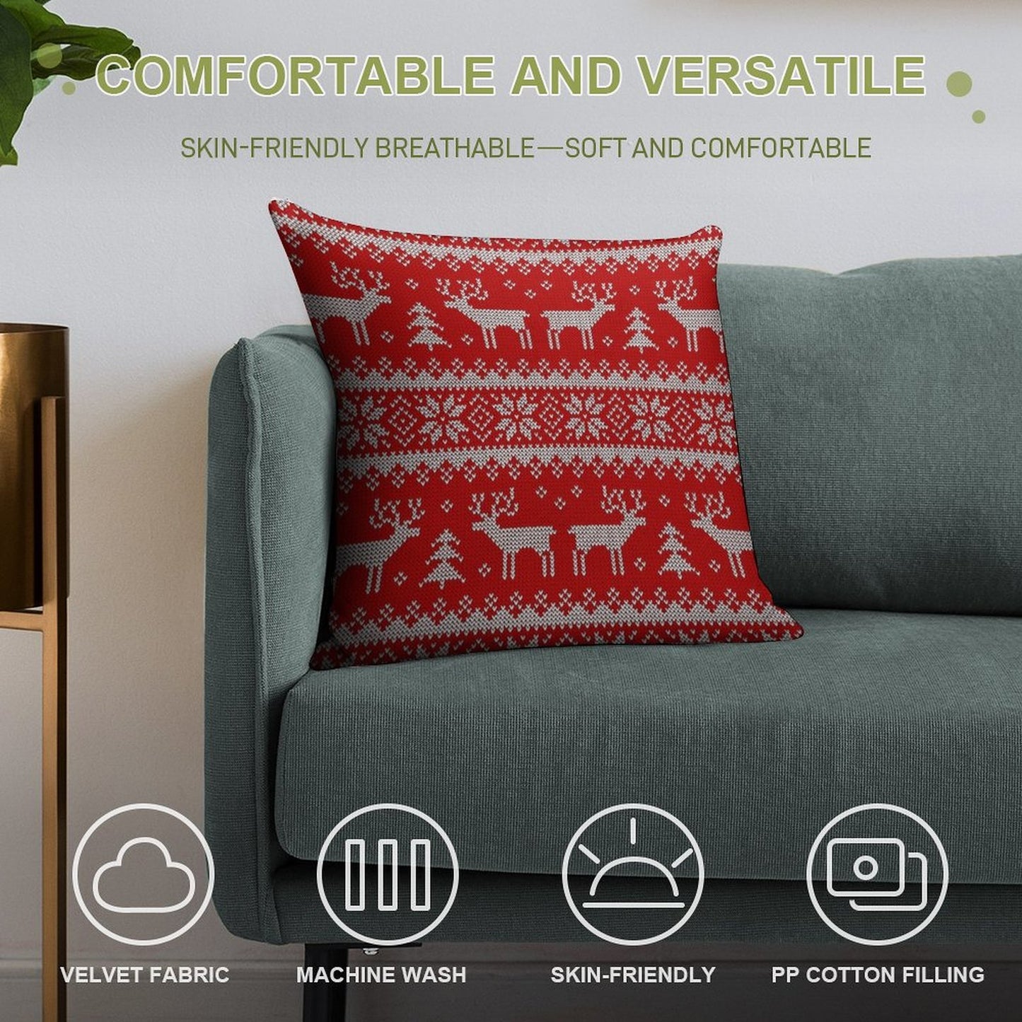 Scandinavian Ornament with Deers. Soft Reinforced Edging Throw Pillow