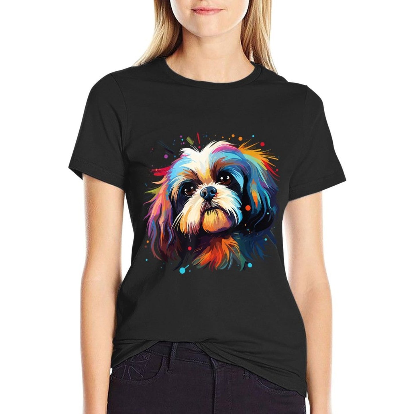 Watercolor Colorful Shih Tzu Dogs Cotton T-Shirt