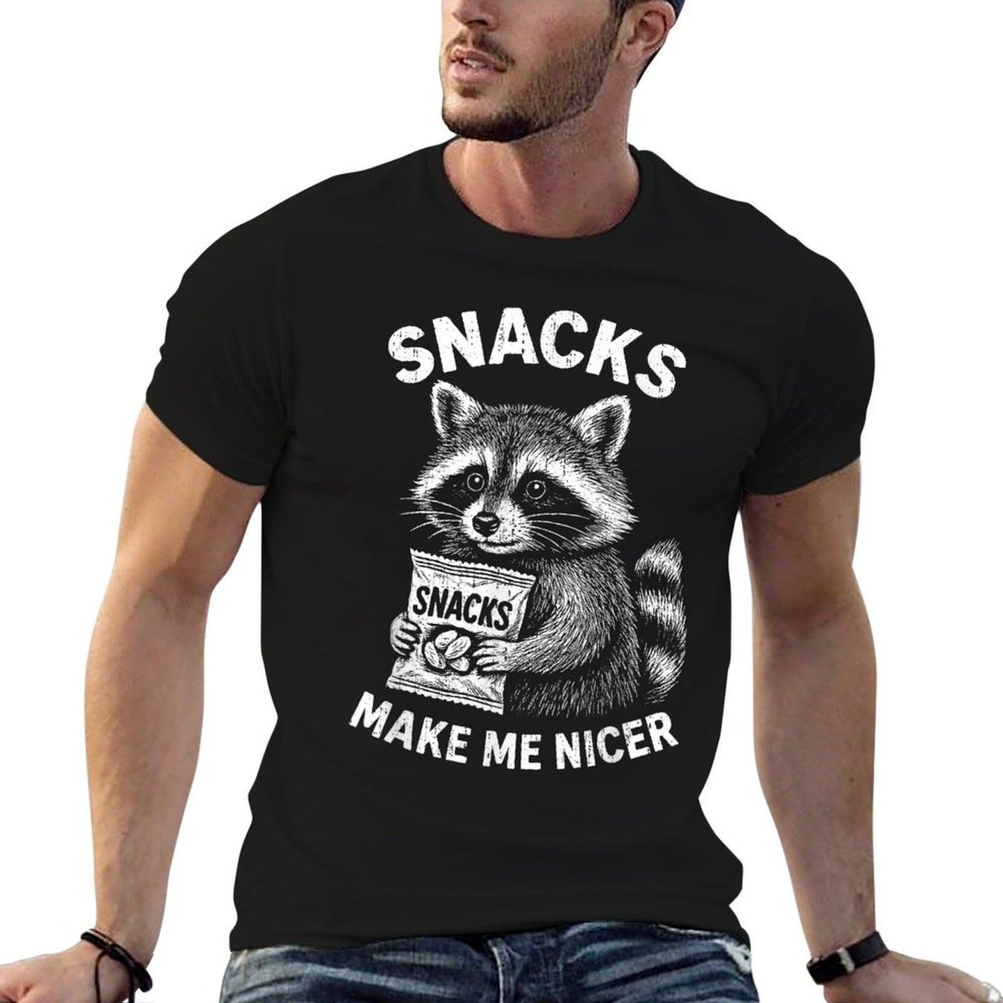 Snacks Make Me Nicer Raccoon Animal Funny Saying Humor Meme Polyester Blend T-Shirt