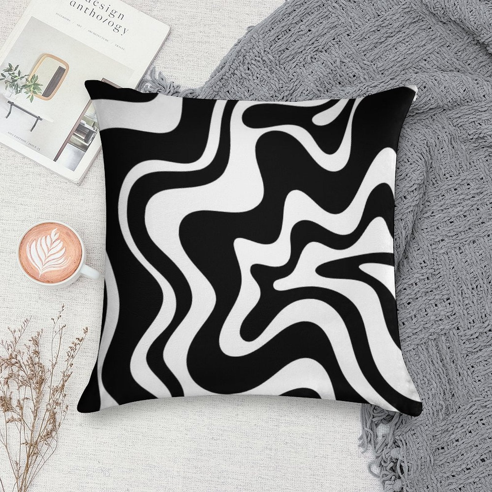 Liquid Swirl Retro Abstract Pattern in Black And White Soft Durable Construction Throw Pillow