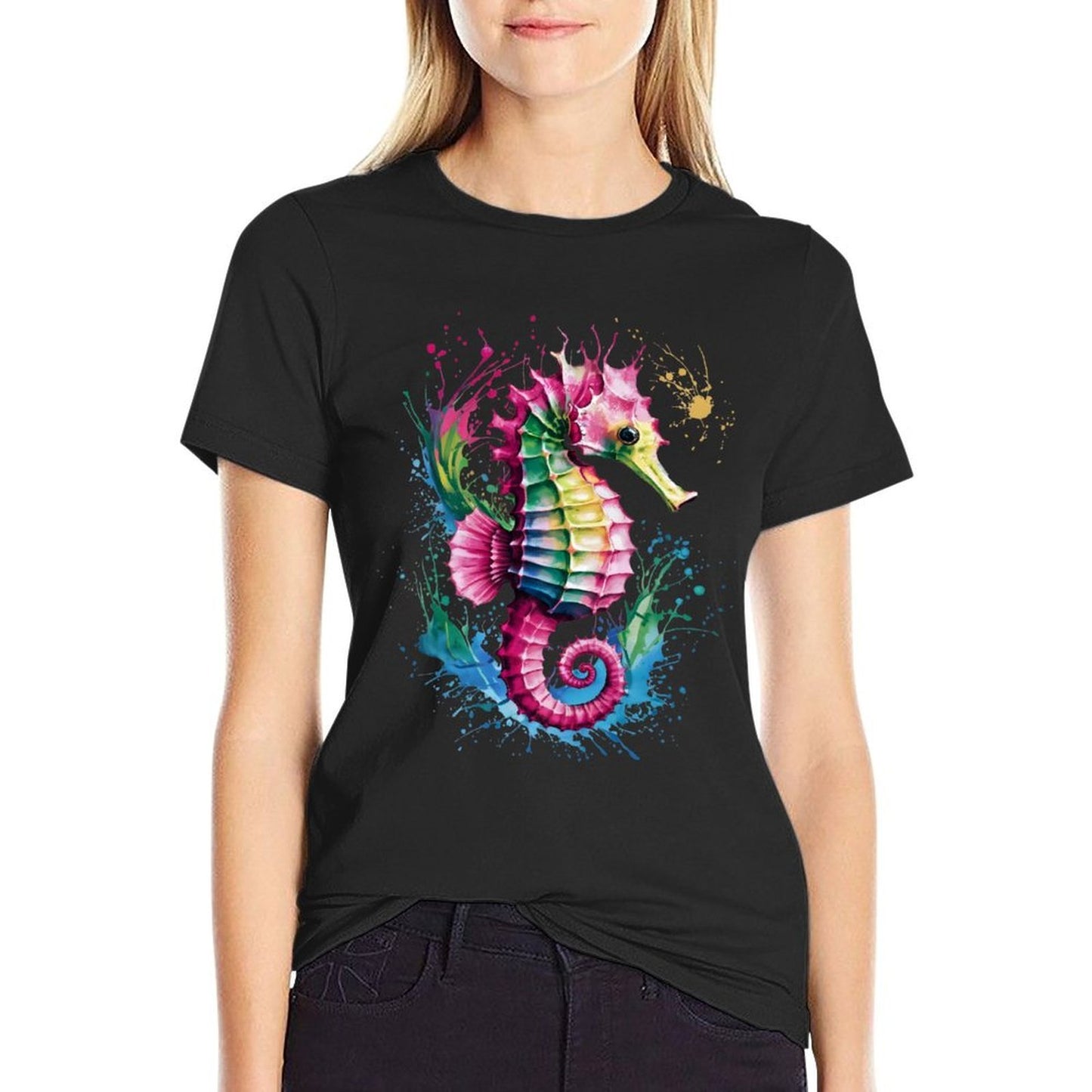 Seahorse Men Woman Colorful Watercolor Seahorse Slim-fit Cut T-Shirt