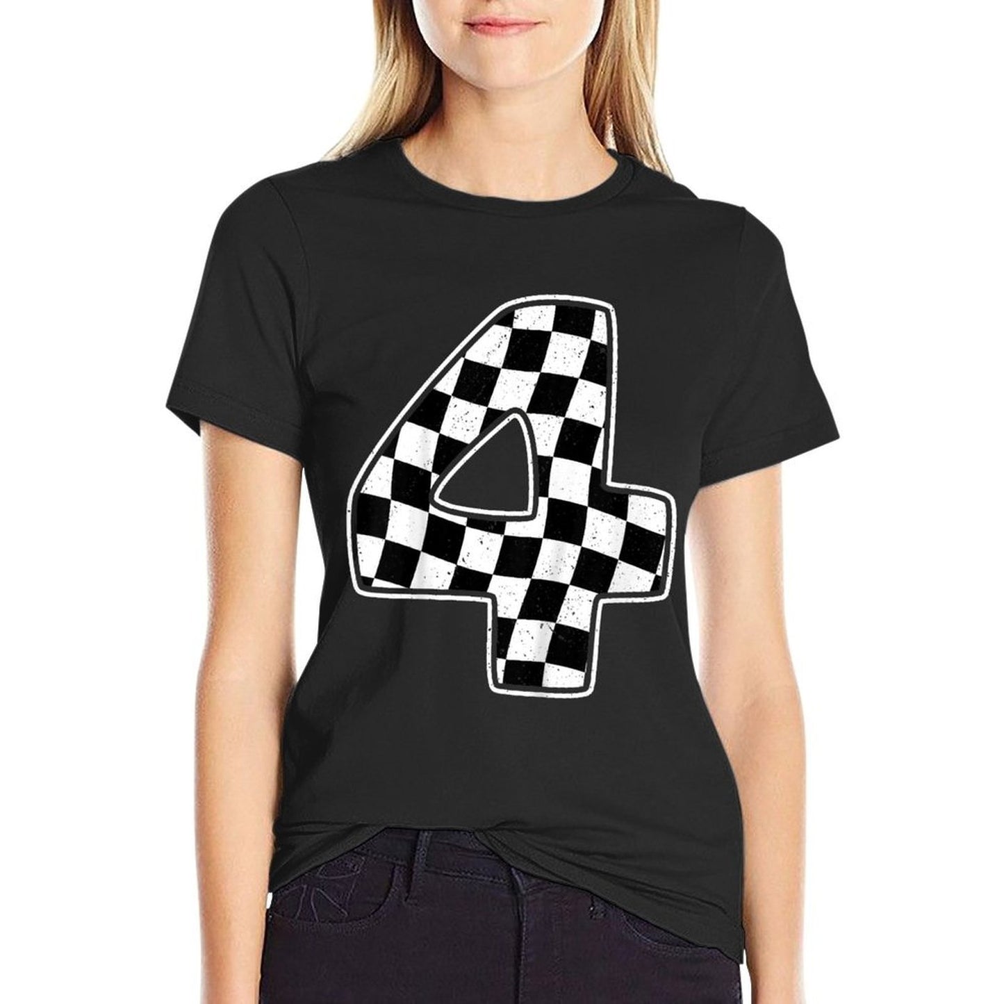 4th Birthday Checkered Number 4 Car Racing  Summer-ready Fabric T-Shirt