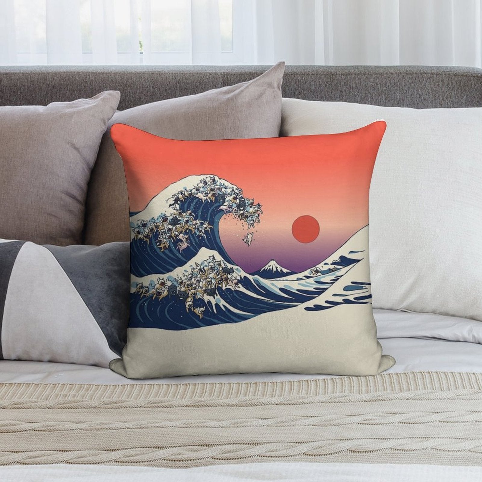 The Great Wave of French Bulldog Soft Easy Maintenance Throw Pillow