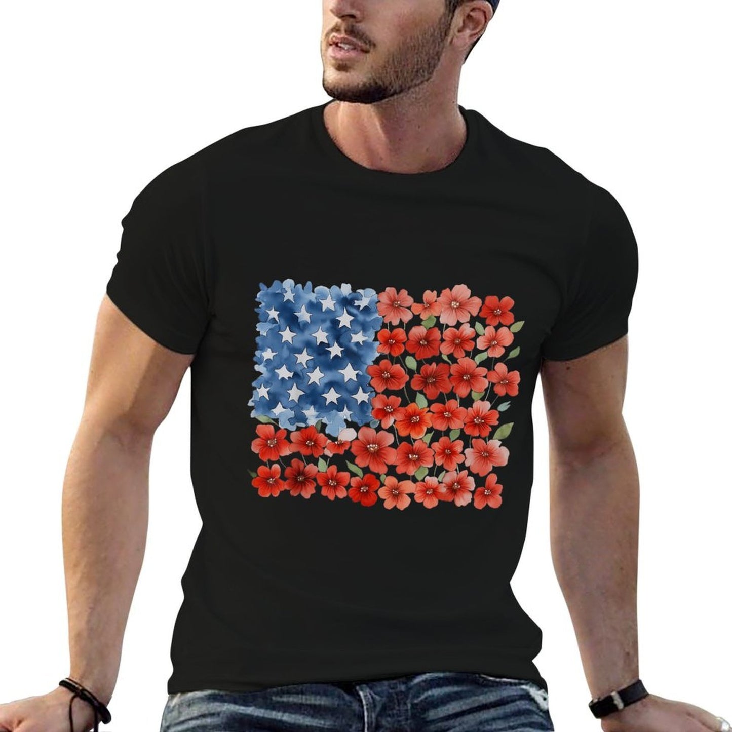 Retro Flower American USA Patriotic 4th Of July Women  High-quality Stitching T-Shirt