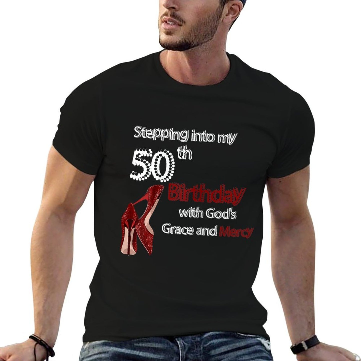 Womens Birthday for Women Girl Stepping Into My 50th Birthday with Ribbed Collar T-Shirt