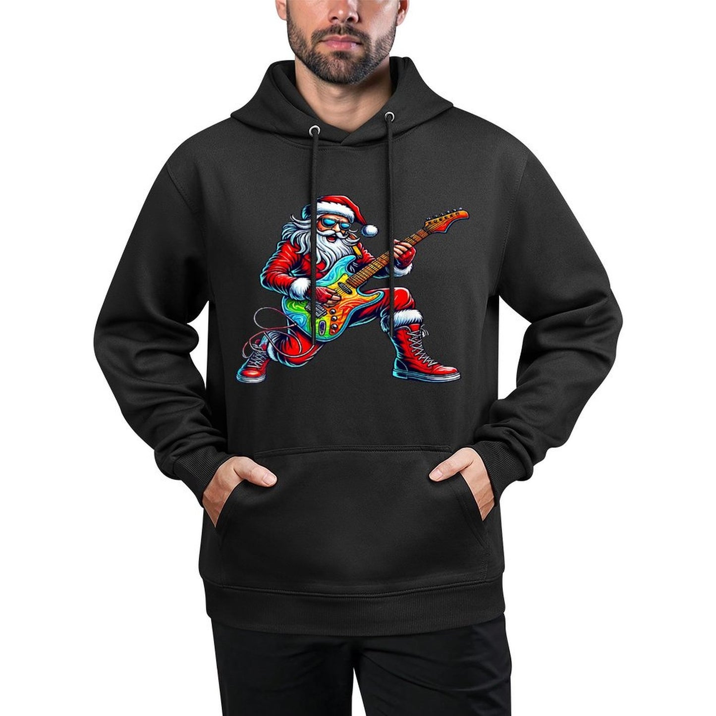 Santa Playing Guitar Musician Guitarist Christmas Pajama Adjustable Hood Hoodie