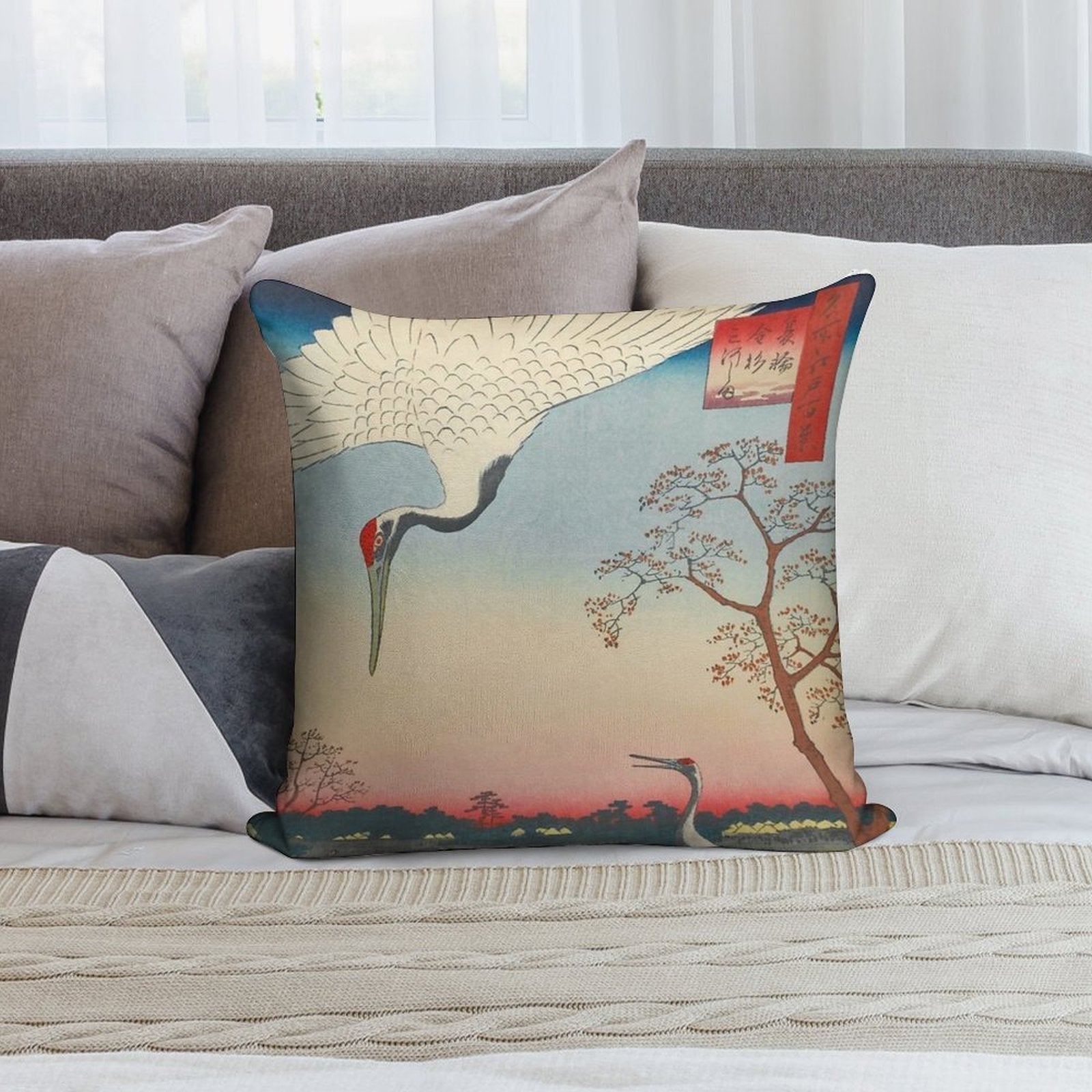 Red-crowned Crane Vintage Ukiyo-e Japanese Art Soft Short Plush Fabric Throw Pillow