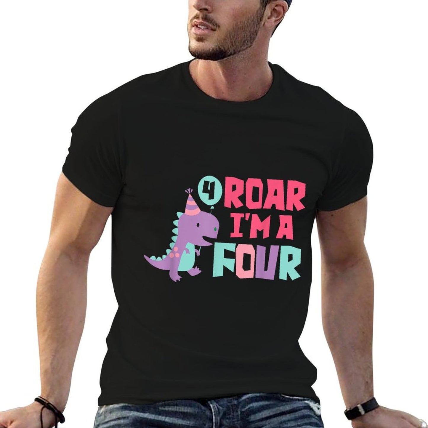 Roar I'm A Four 4th Birthday For Girl Saurus Rex Dinosaur Ribbed Collar T-Shirt