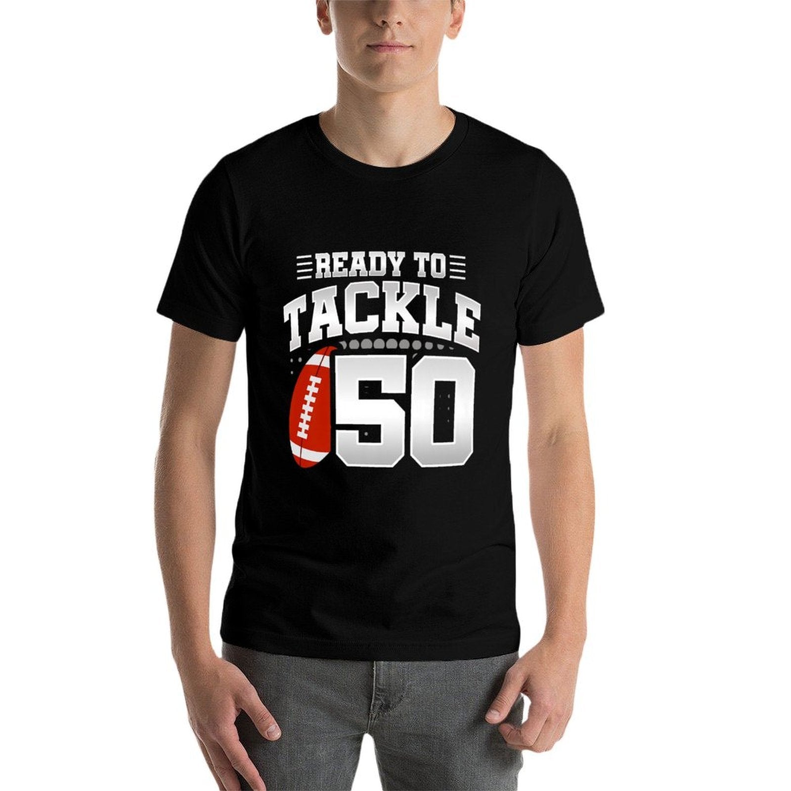 50th Birthday - Football Birthday Party - 50th Birthday Premium  Ribbed Collar T-Shirt