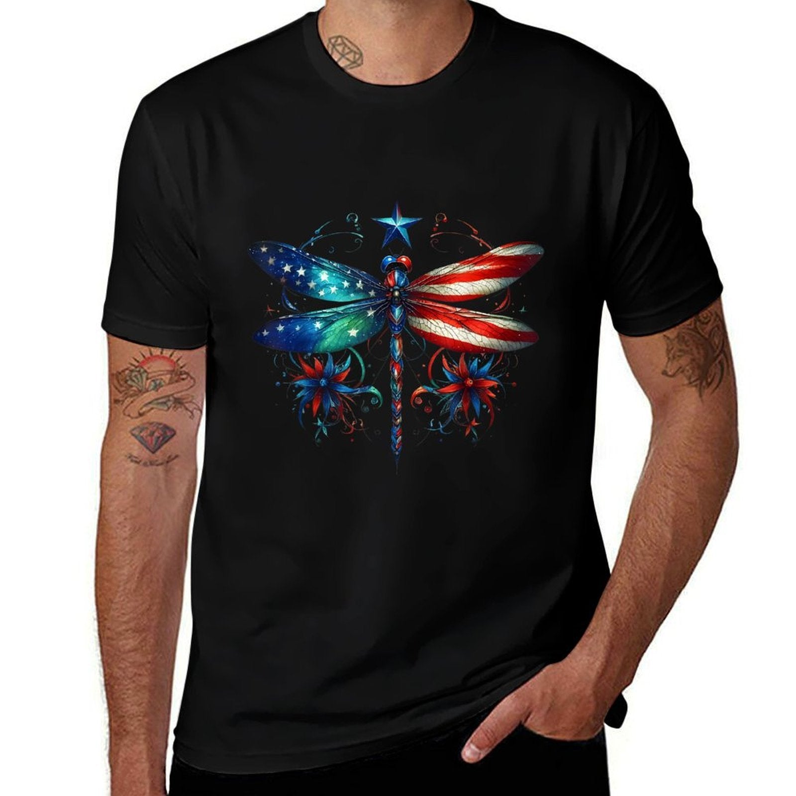 American Dragonfly Patriotic 4th of July Red White Blue  Oversized Silhouette T-Shirt