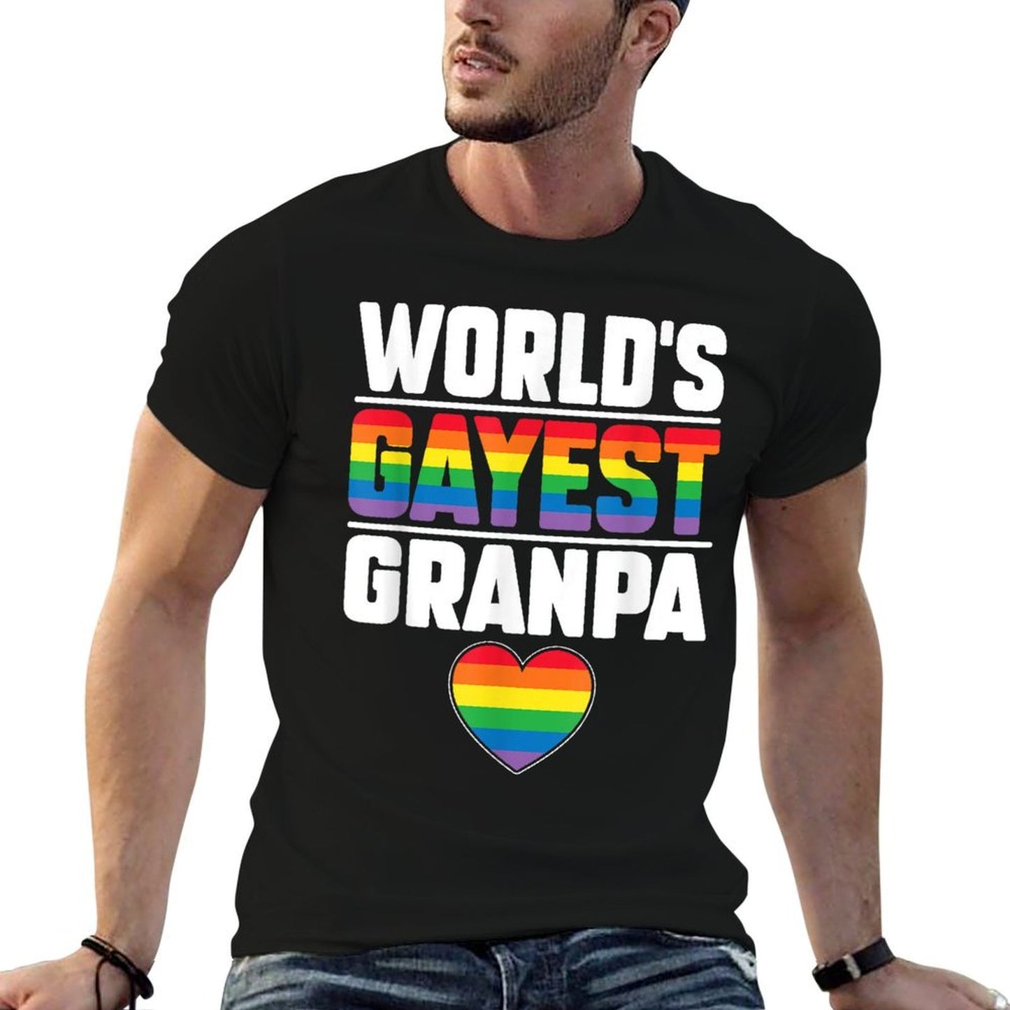 Worlds Gayest Grandpa Funny Gay Pride LGBT Grandfather Pride Ribbed Collar T-Shirt