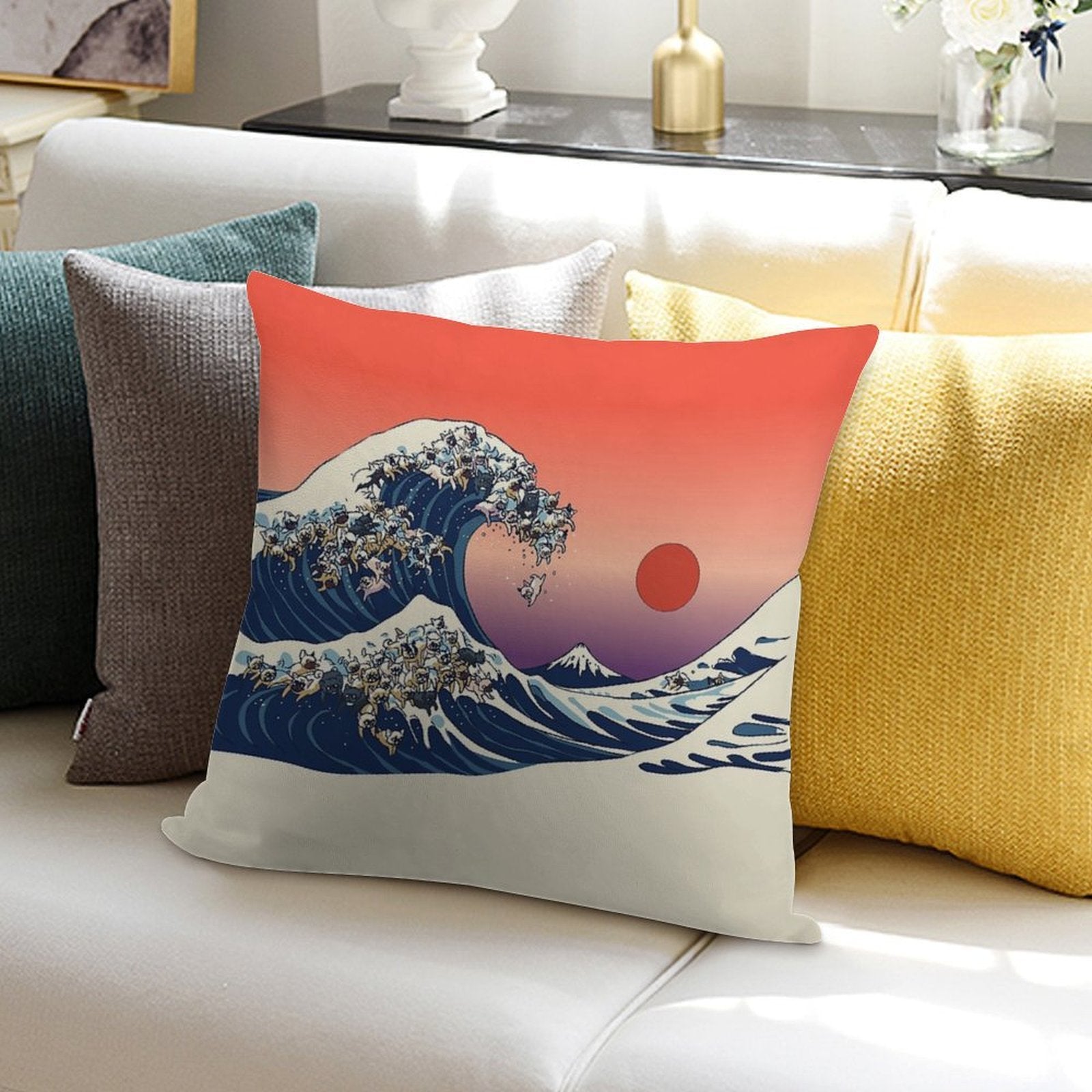 The Great Wave of French Bulldog Soft Easy Maintenance Throw Pillow