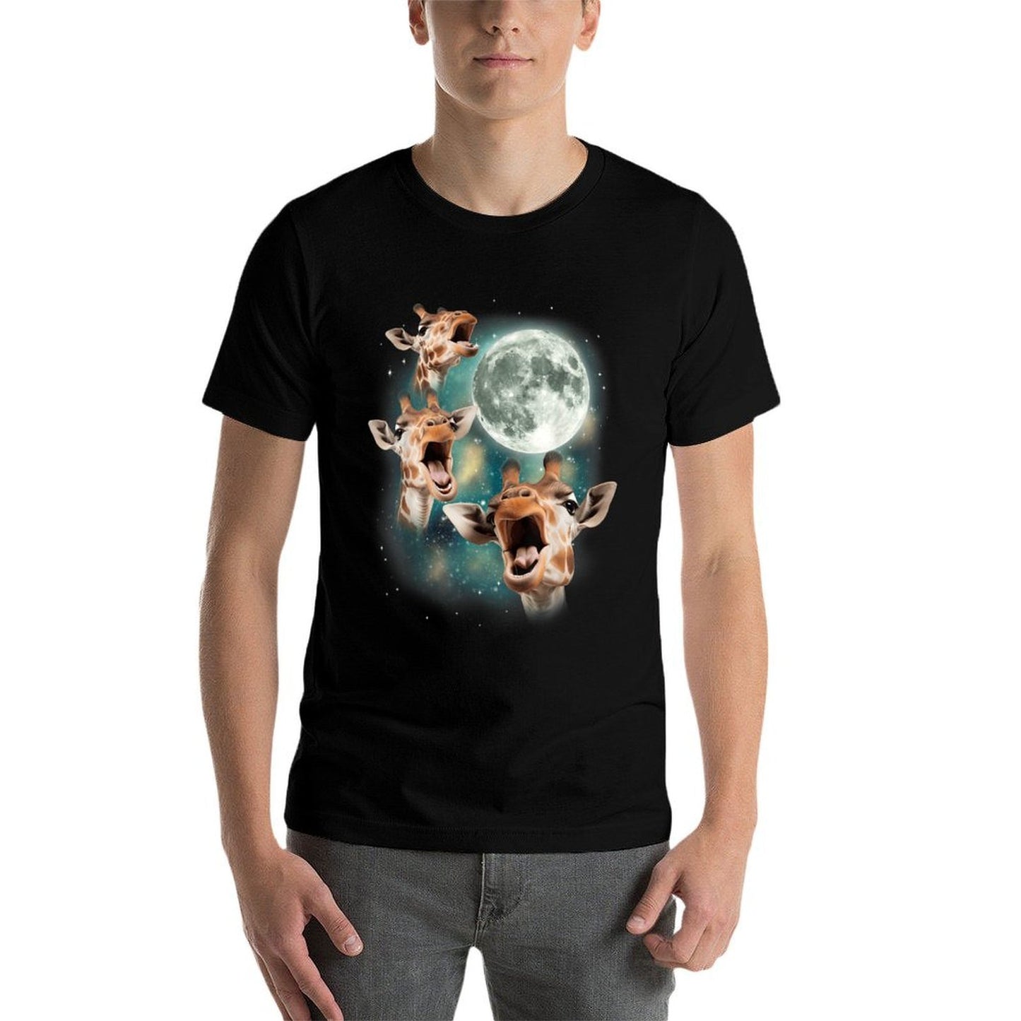 Three Giraffes Howling at Moon 3 Savanna Wildlife Animals Comfortable T-Shirt