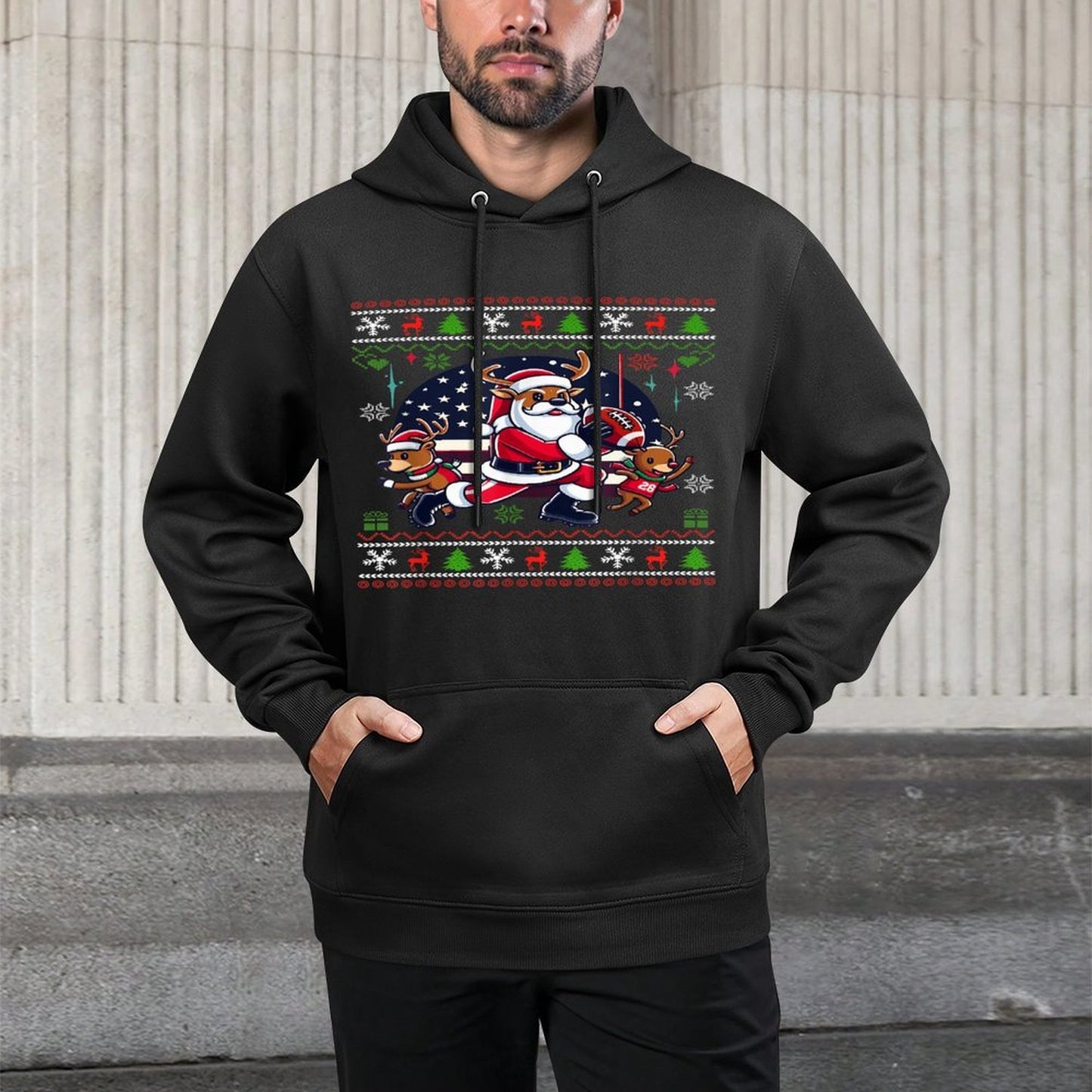 Santa Reindeer Play American Football Ugly Christmas Sweater Easy Care Hoodie