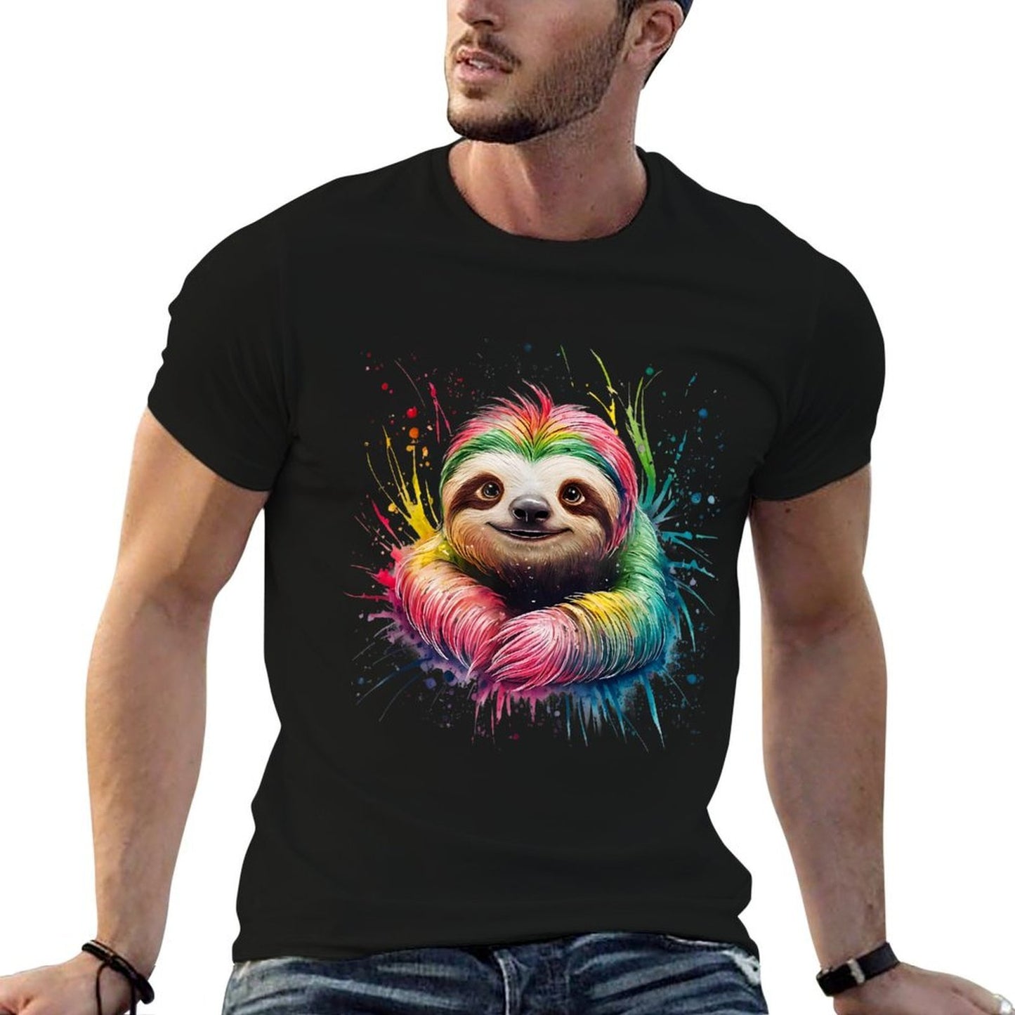 Sloth Men Woman Colorful Watercolor Sloth Heathered Texture T-Shirt