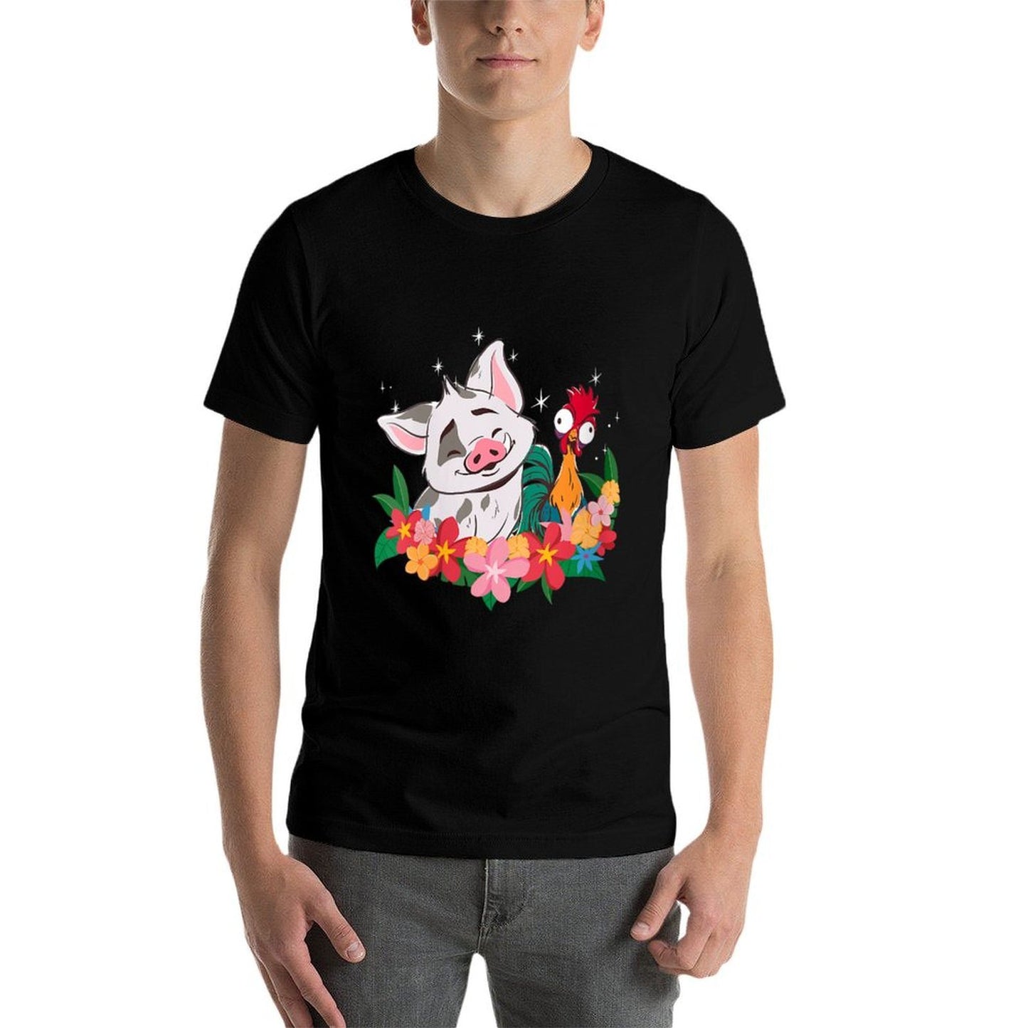 Womens Disney Moana 2 Cute Best Friends Hei Hei And Pua Floral Logo Cotton T-Shirt